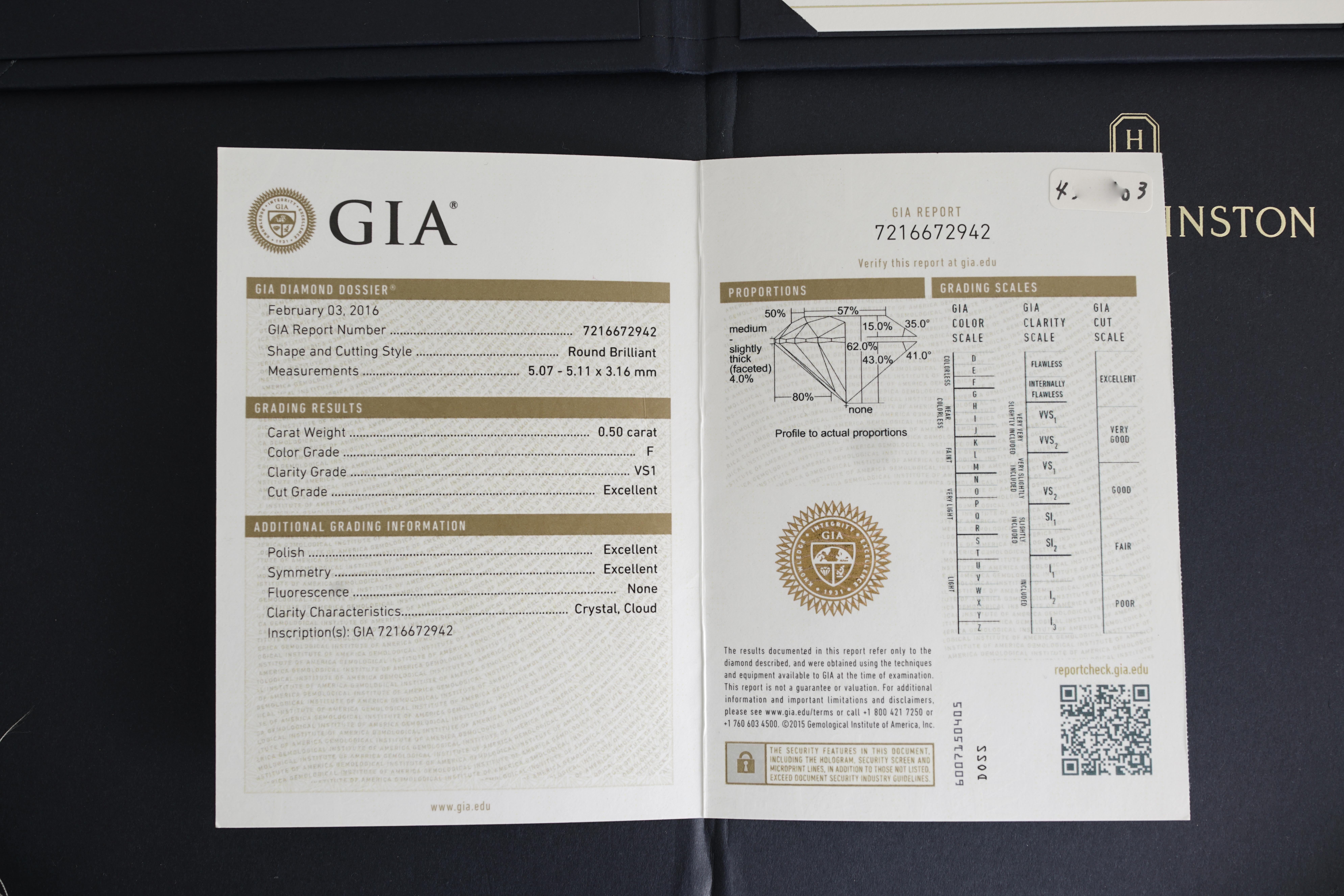 Harry Winston, Bague de fiançailles solitaire en diamant GIA 0,50 carat F/VS1 en vente 1