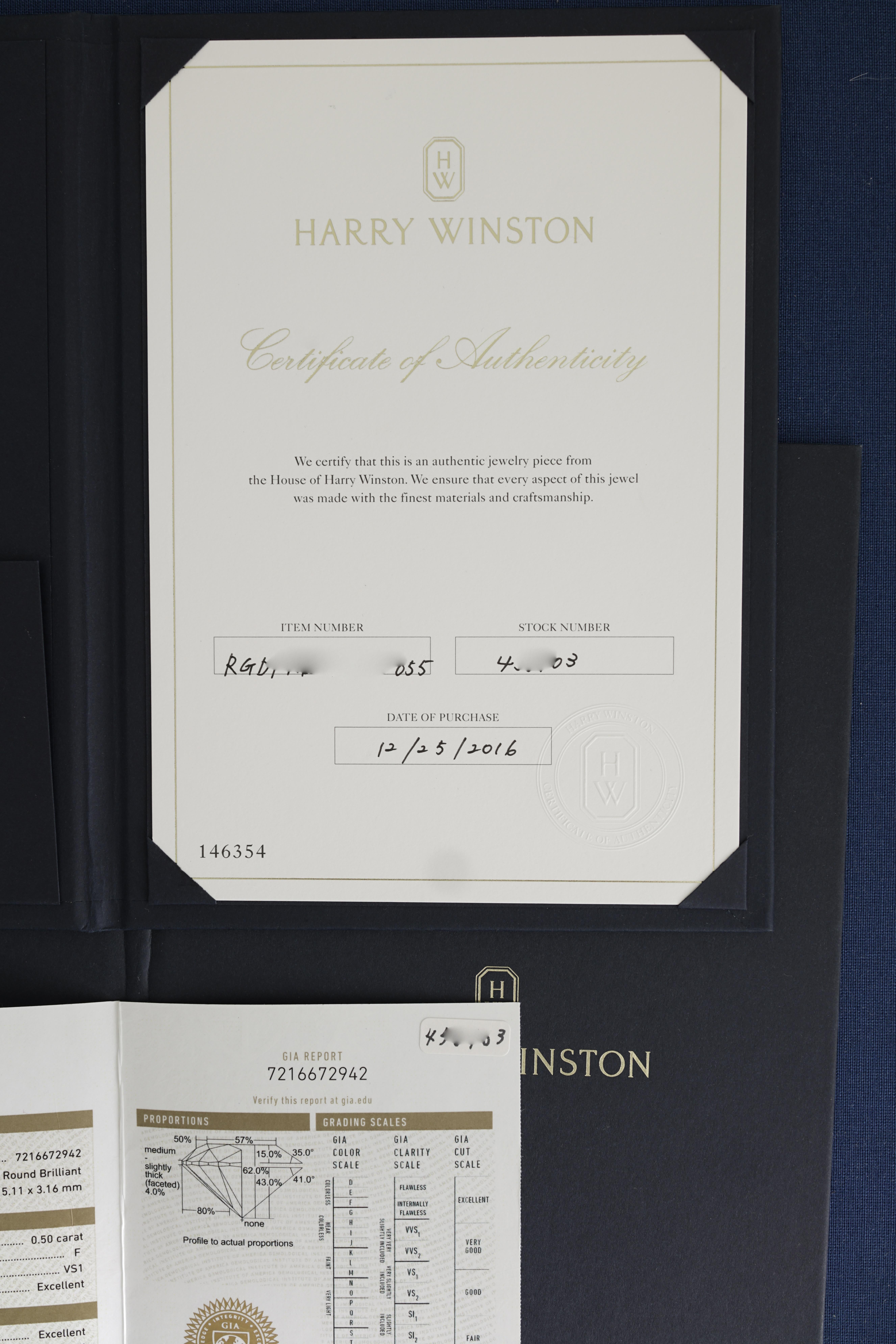 Harry Winston, Bague de fiançailles solitaire en diamant GIA 0,50 carat F/VS1 en vente 2