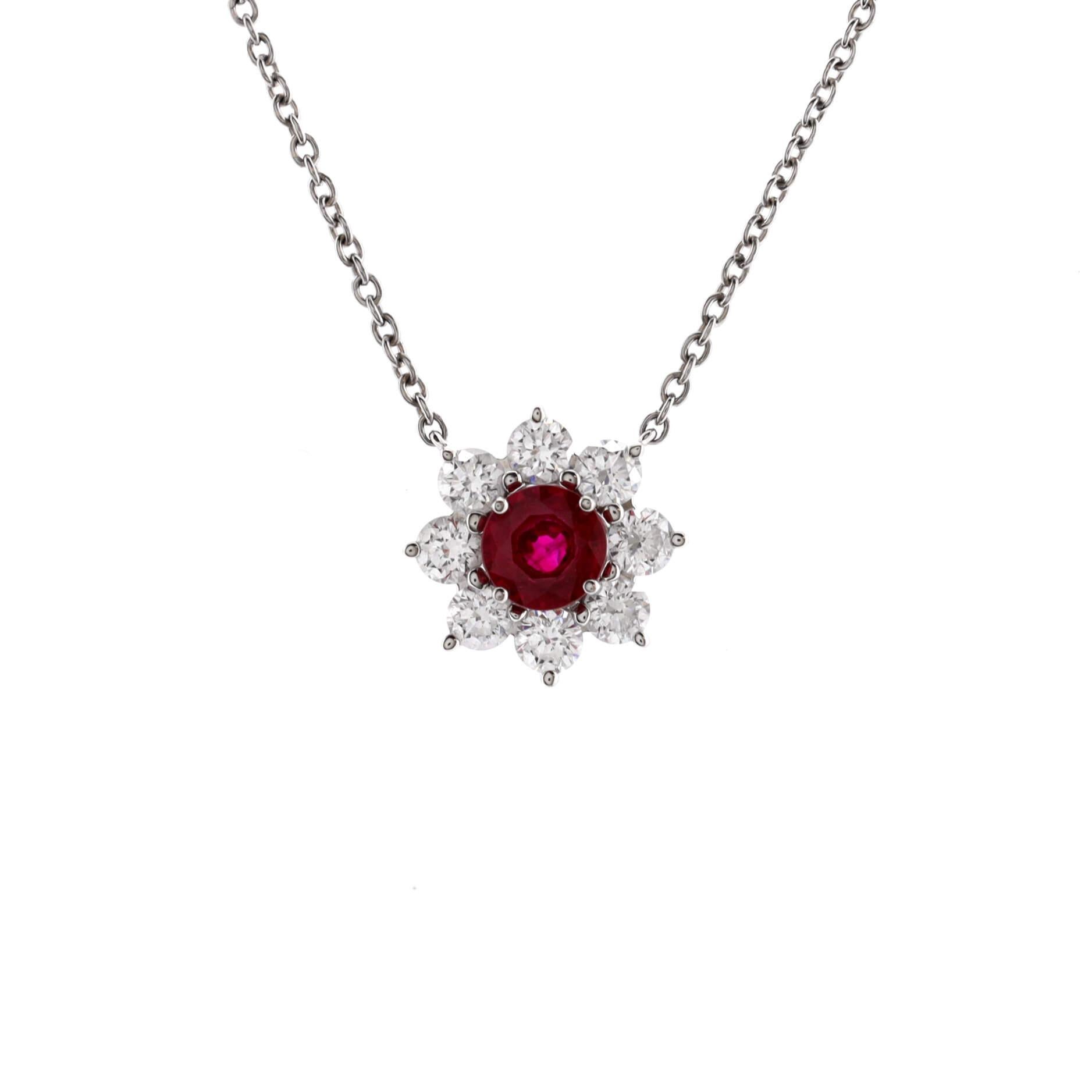Harry Winston Sunflower Petite Pendant Necklace Platinum with Ruby and Diamonds In Good Condition In New York, NY