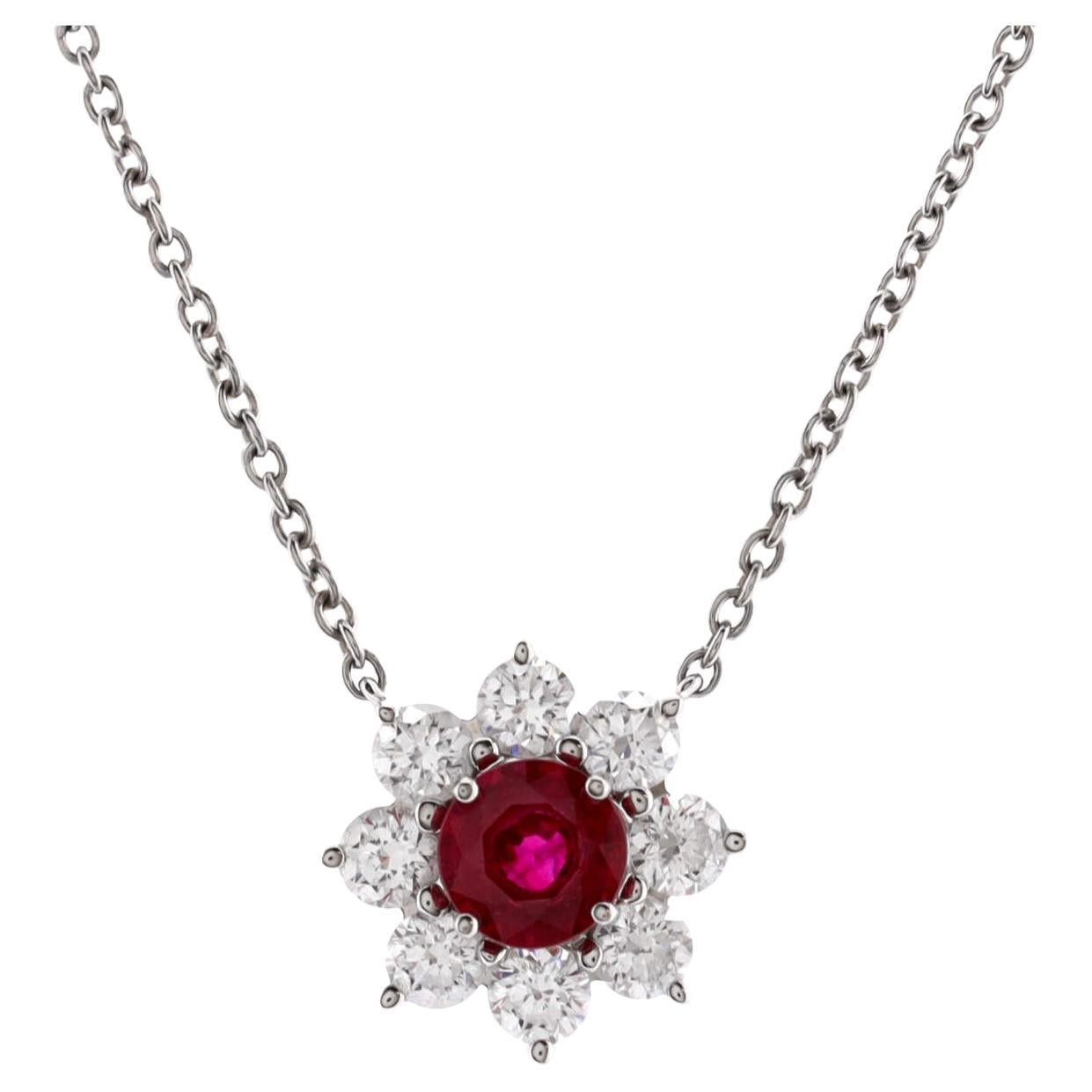 Harry Winston Sunflower Petite Pendant Necklace Platinum with Ruby and Diamonds