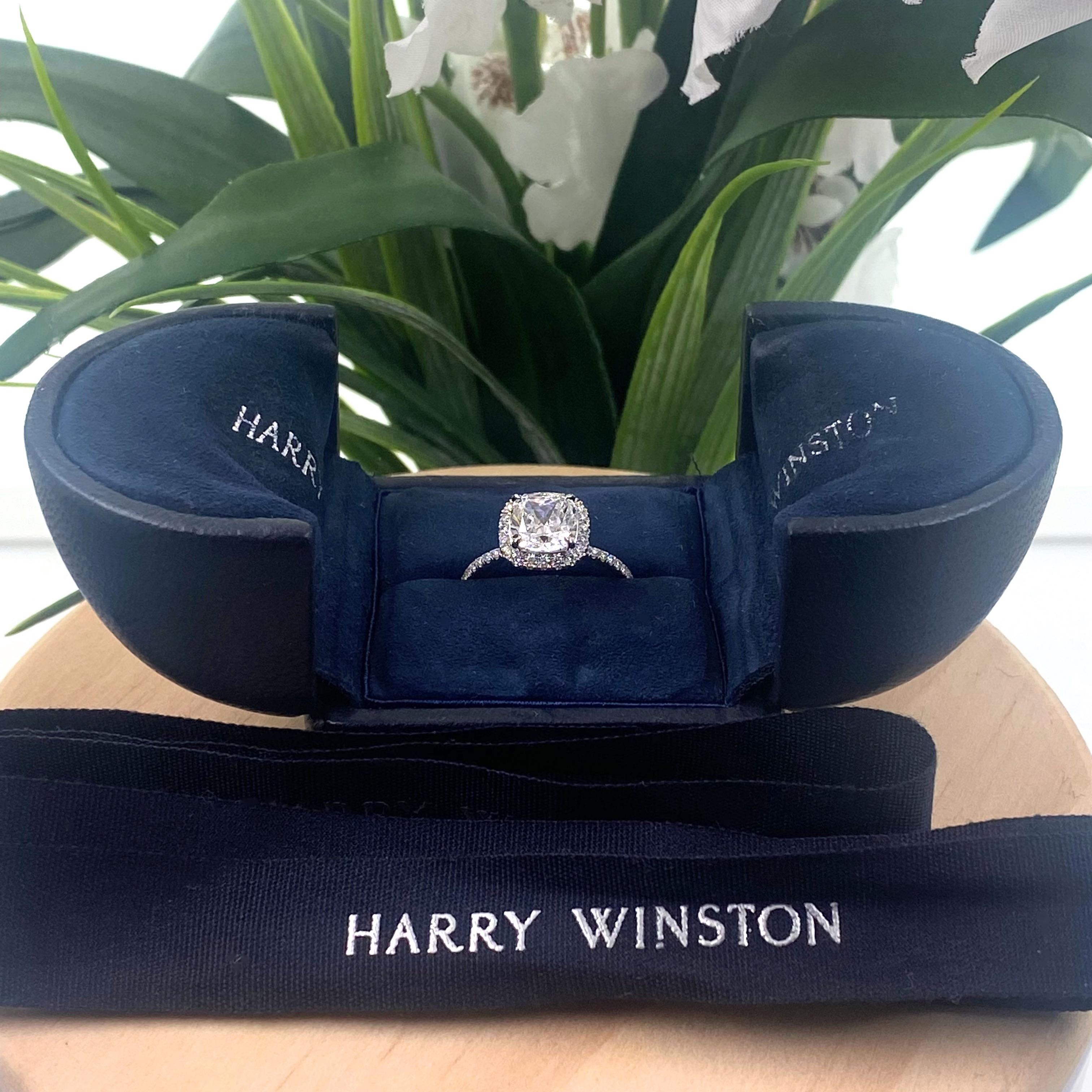 Harry Winston THE ONE Cushion-Cut Diamond Micropave Engagement Ring
Style:  Halo
Ref. number:  337049
Metal:   Platinum
Size:  6
TCW:  2.81 tcw
Main Diamond:  Cushion Modified Brilliant 2.25 cts
Color & Clarity:  E, VS2
Certification:  GIA