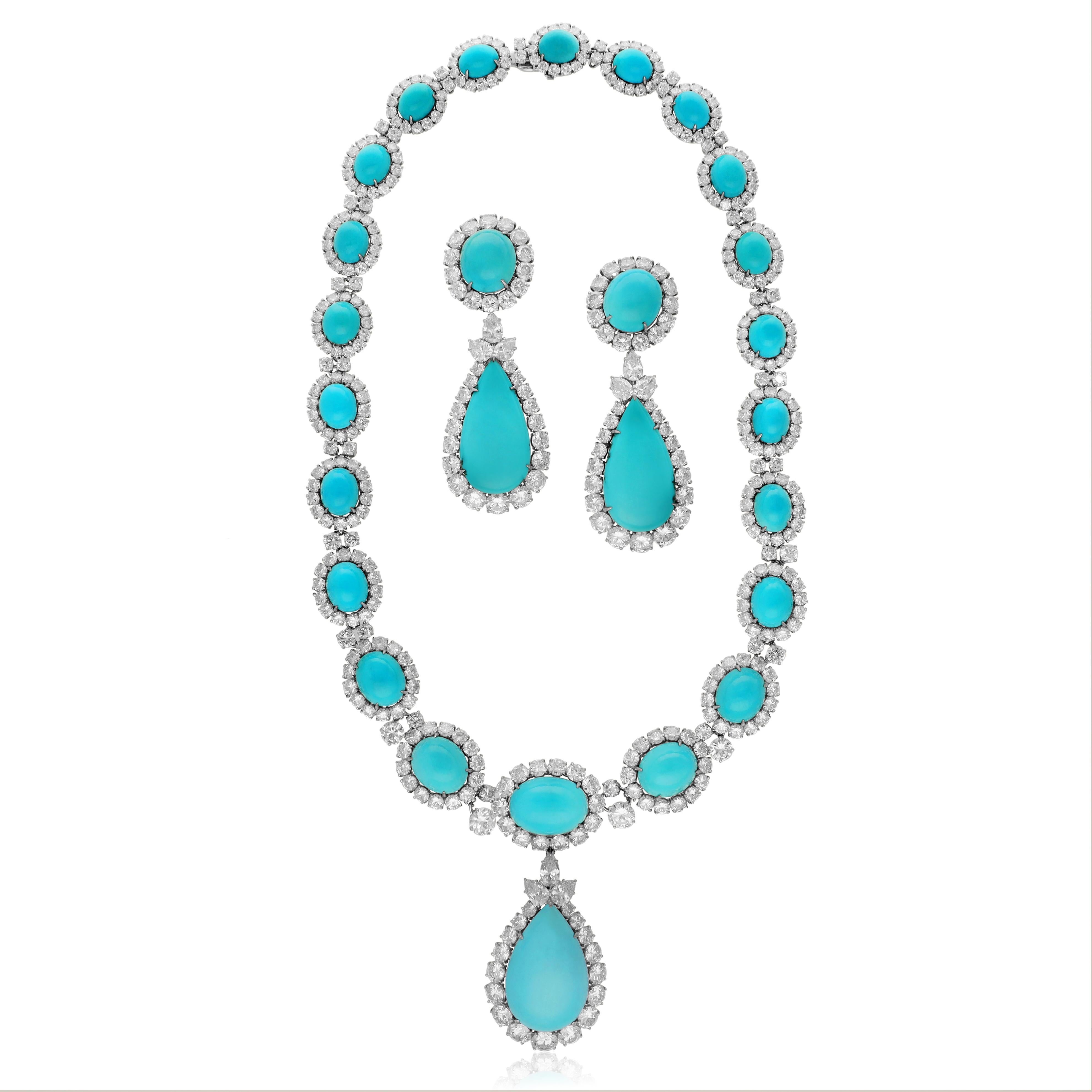 HARRY WINSTON Turquoise and Diamond Necklace and Ear Clips in vendita 1