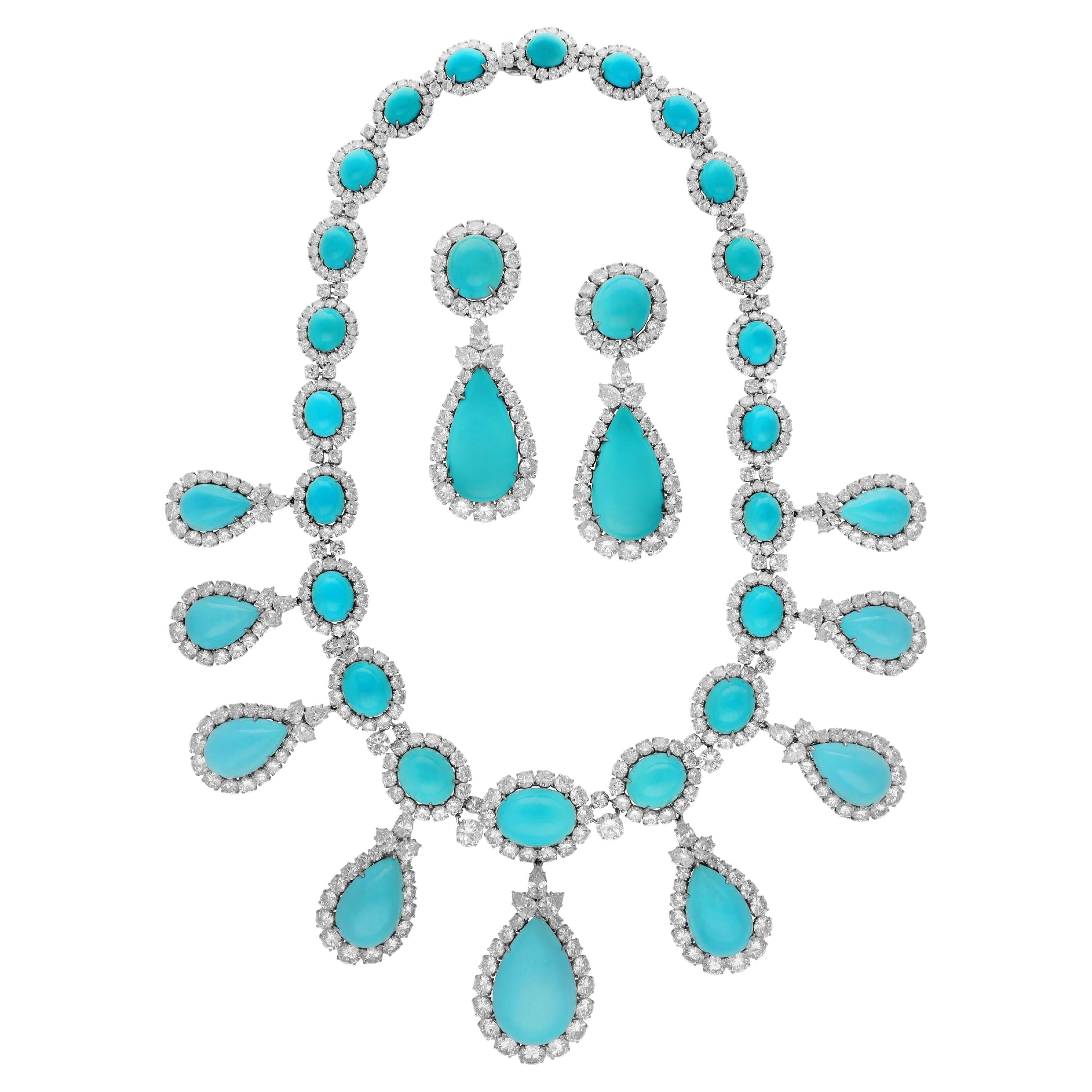 HARRY WINSTON Turquoise and Diamond Necklace and Ear Clips