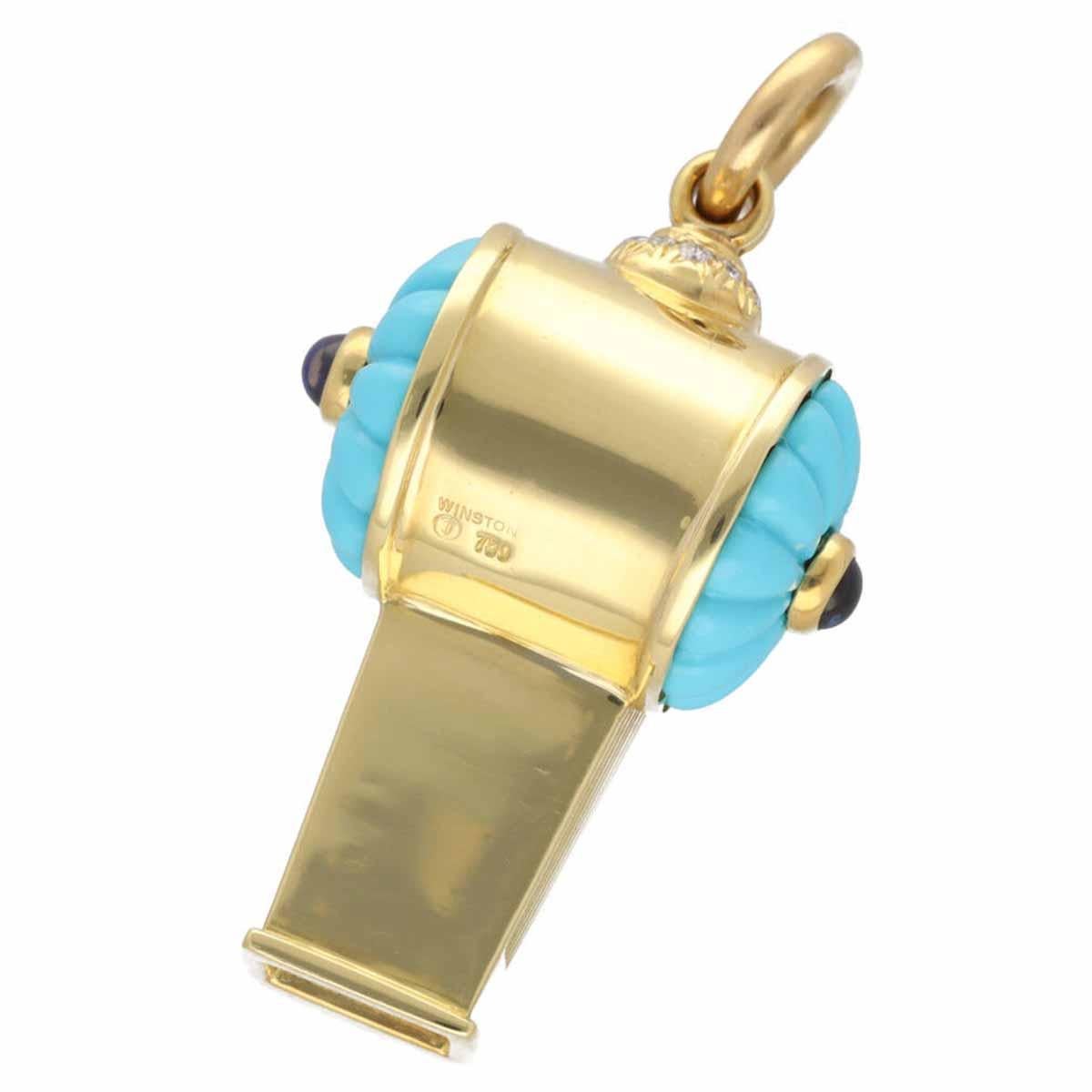 Round Cut Harry Winston Turquoise Diamonds 750 18kt Yellow Gold Whistle Pendant Top Charm