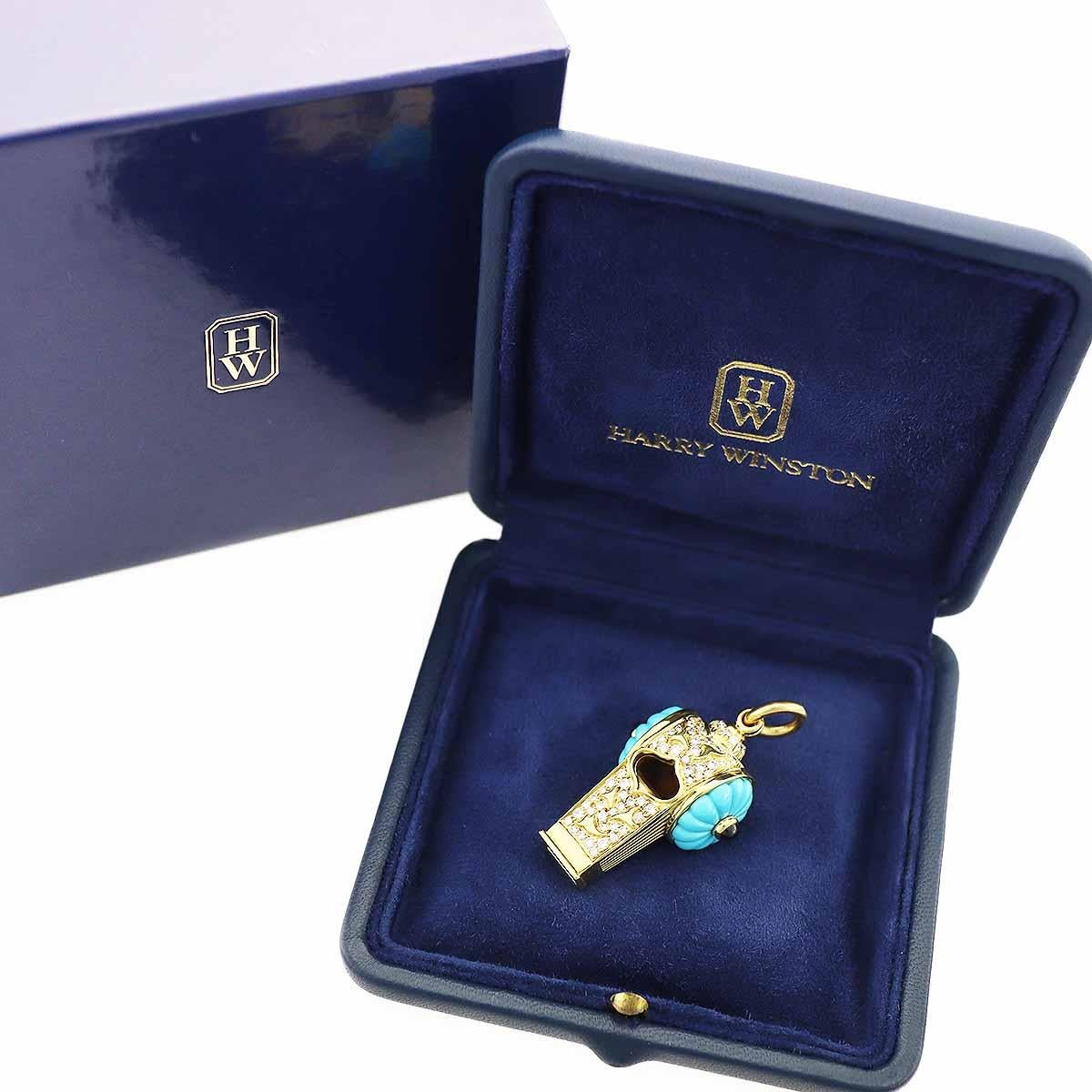 Women's or Men's Harry Winston Turquoise Diamonds 750 18kt Yellow Gold Whistle Pendant Top Charm