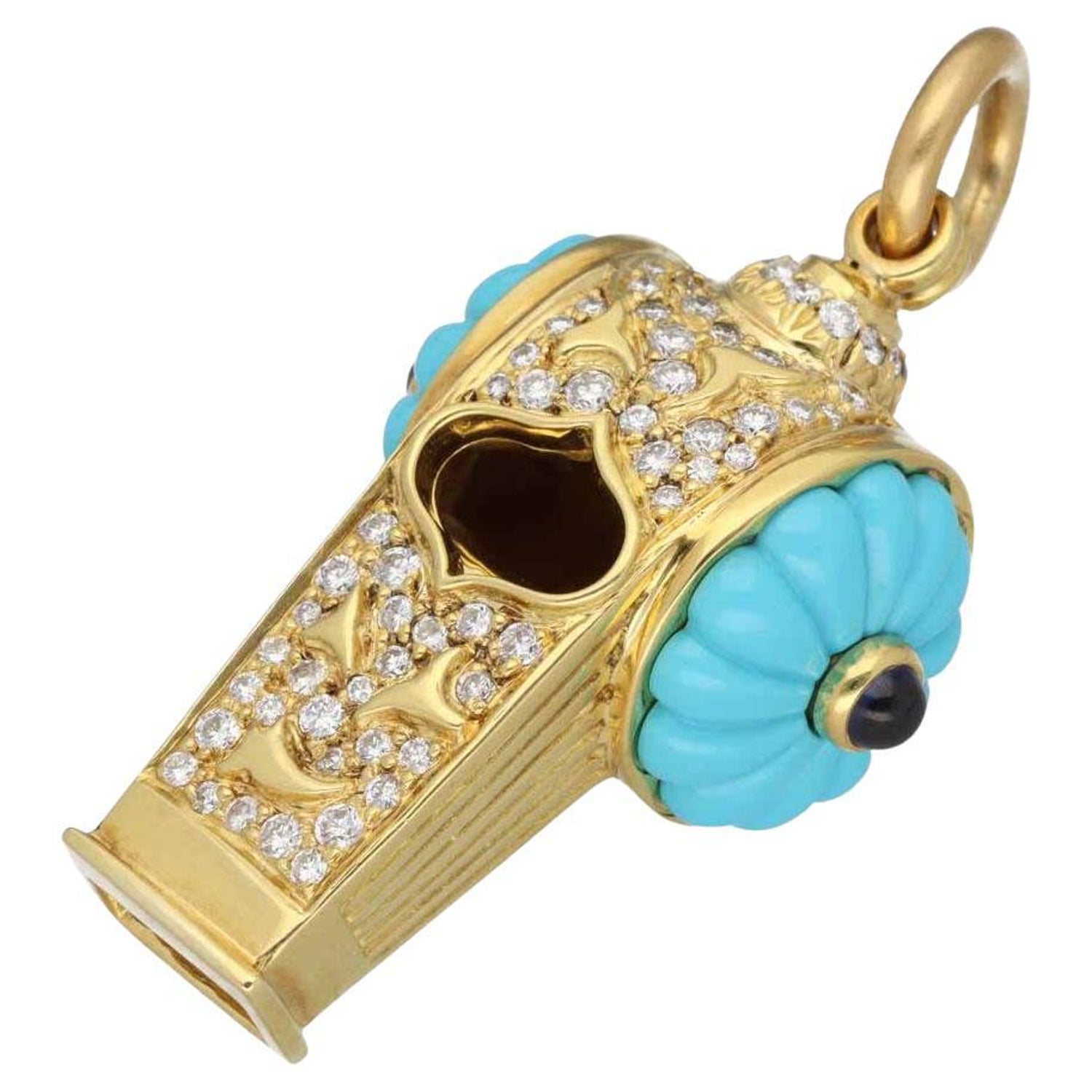 Harry Winston, breloque pendentif Whistle en or jaune 18 carats 750 avec  turquoises et diamants - En vente sur 1stDibs