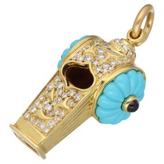 Harry Winston Turquoise Diamonds 750 18kt Yellow Gold Whistle Pendant Top Charm