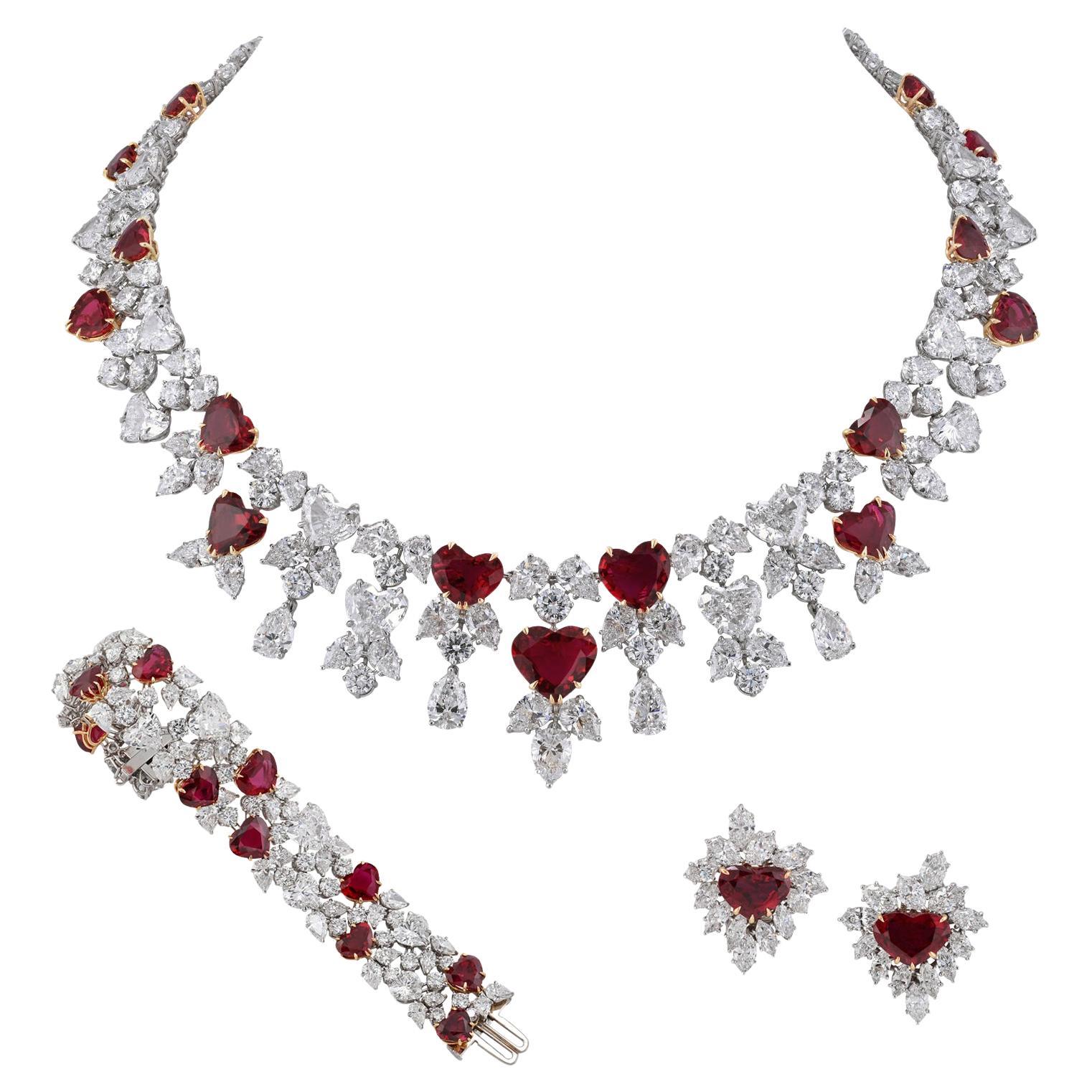 Harry Winston Vintage Ruby Diamond Necklace Suite, circa 1980s For Sale