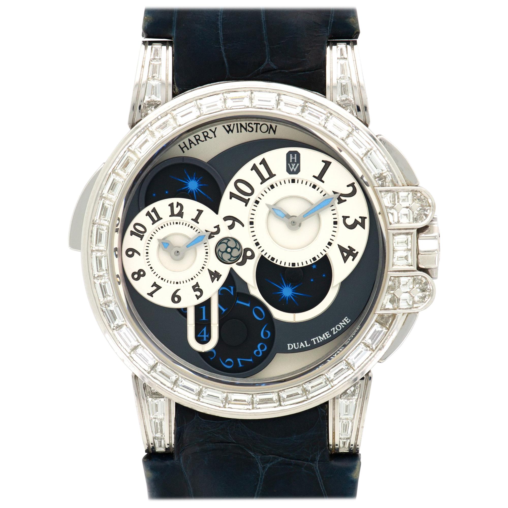 Harry Winston White Gold Diamond Ocean Dual Time Wristwatch For Sale