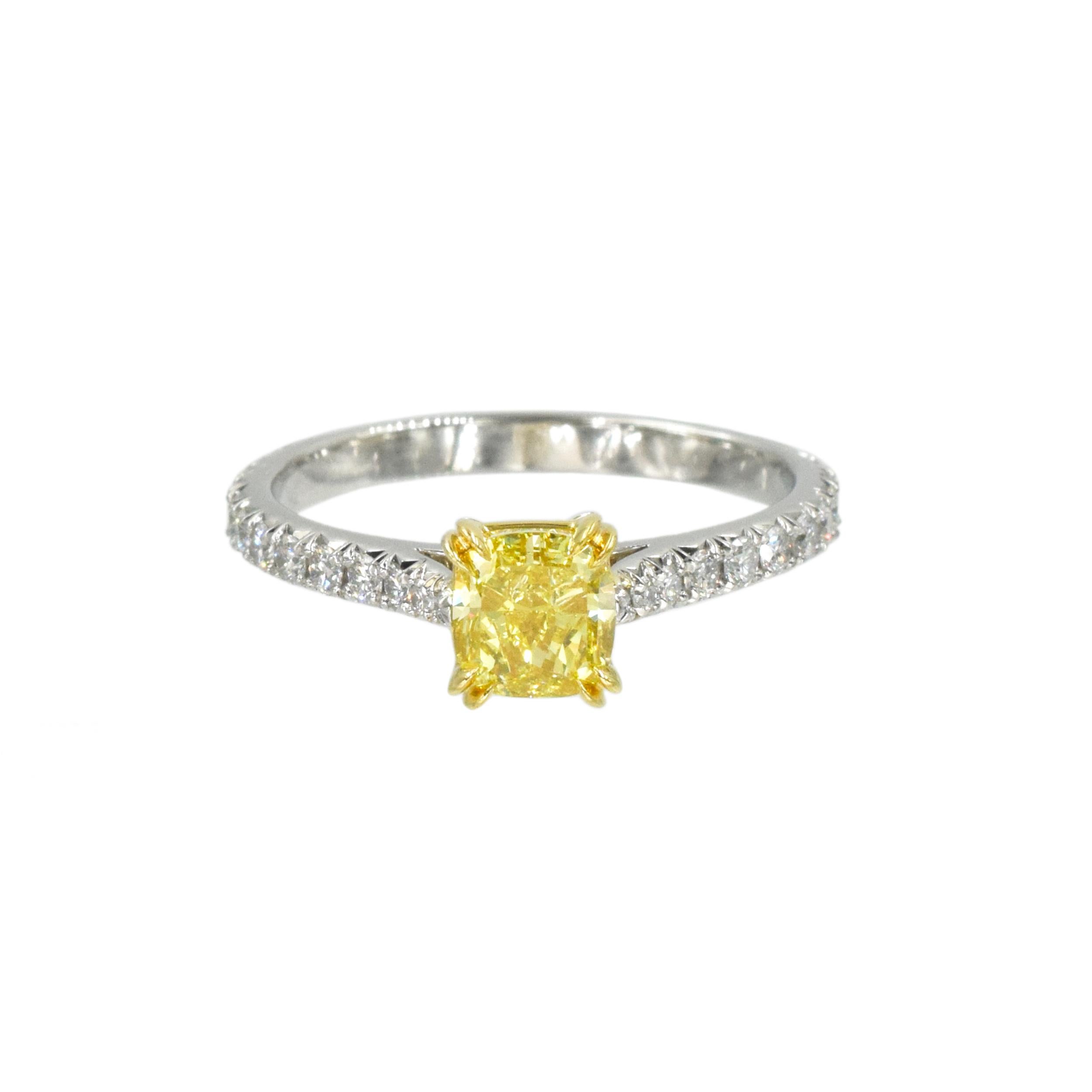 Cushion Cut Harry Winston Yellow Diamond Ring in Platinum For Sale