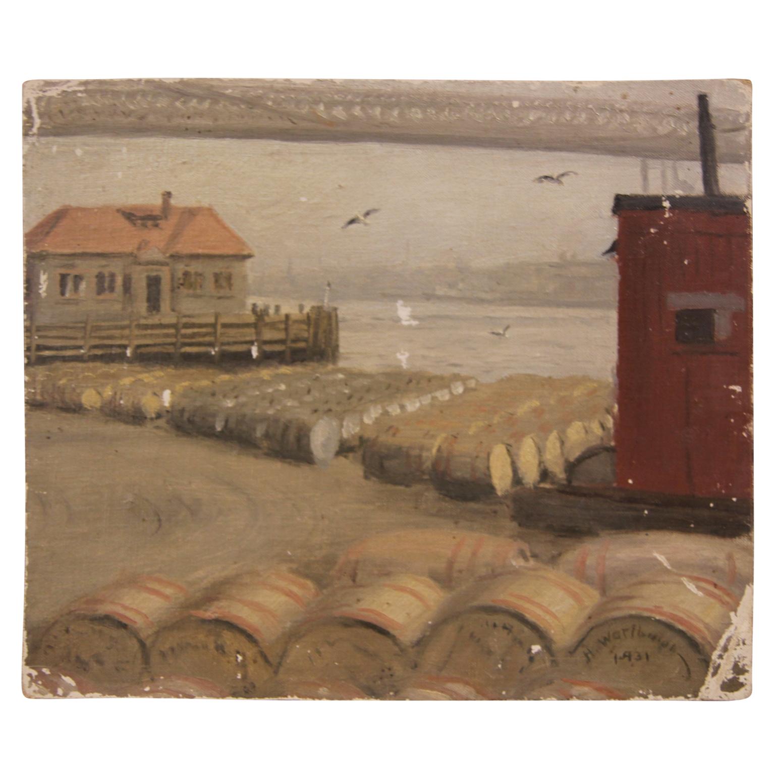 Landscape Painting de Harry Worthman - "Barriles" Pintura naturalista de paisaje marino temprano