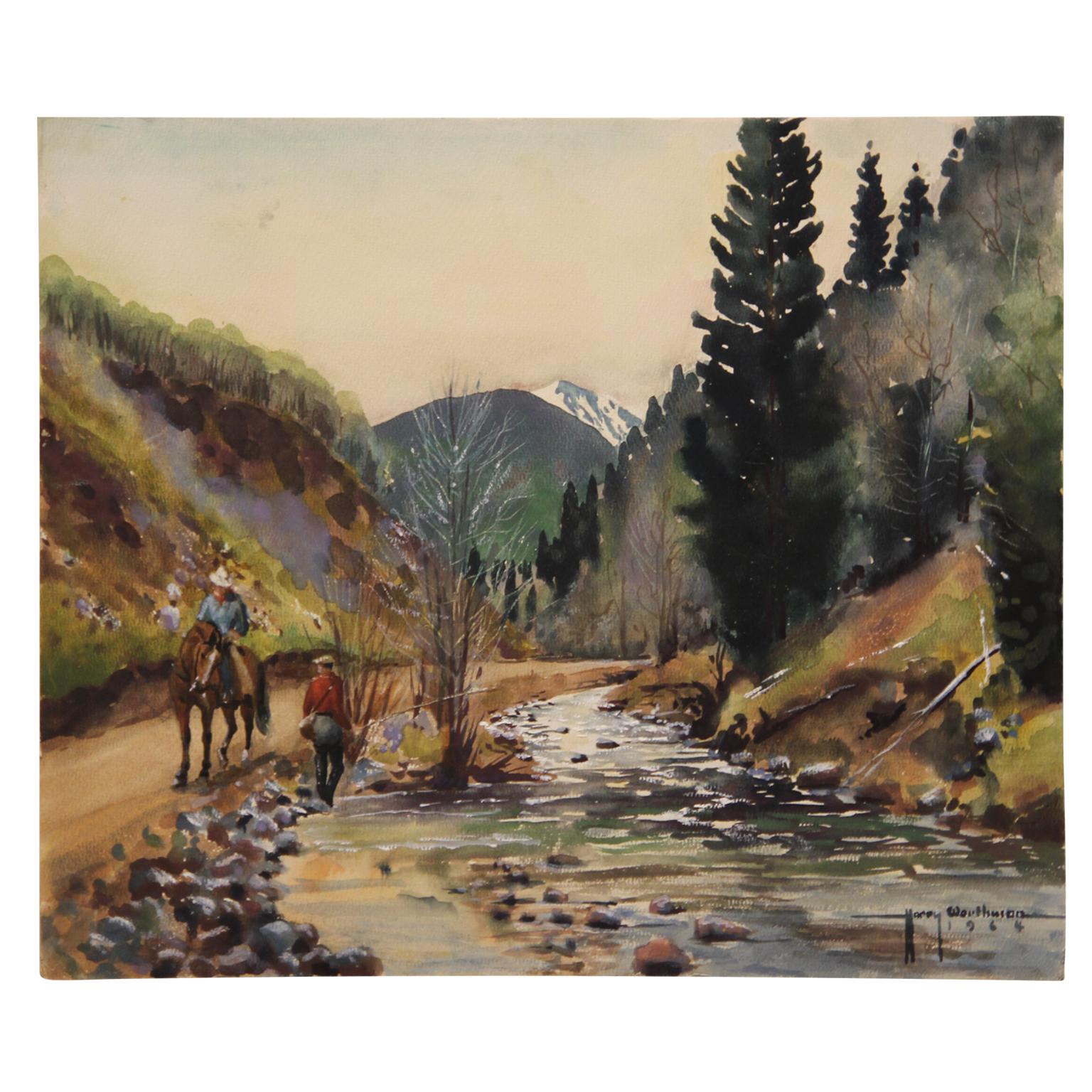 Peinture de paysage naturaliste sans titre de rivière de montagne