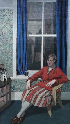 The Blue Curtain - Marion Yearsley seated portrait 1920's interior radio oil