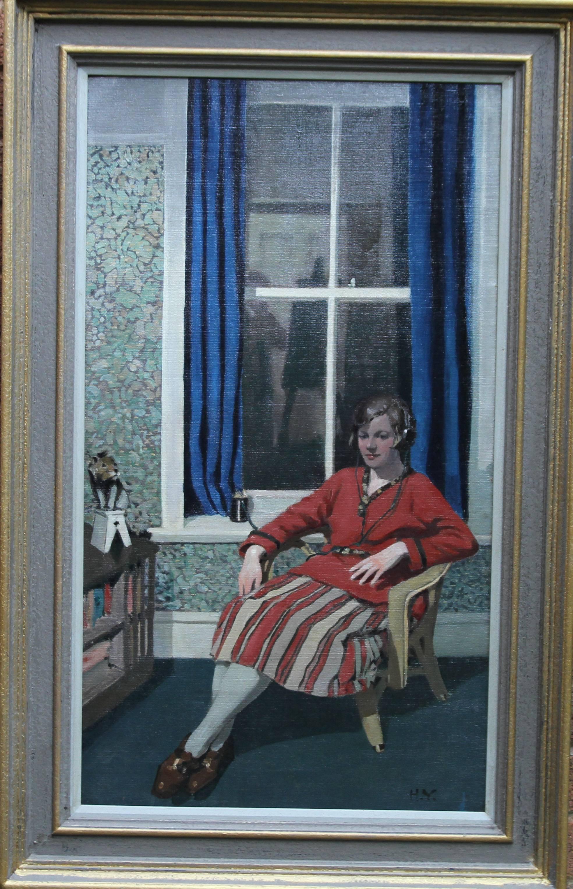 Harry Yearsley Interior Painting - The Blue Curtain - Marion Yearsley seated portrait 1920's interior radio oil