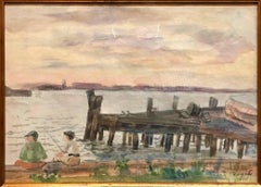 WPA New York Artist 1934 Watercolor Painting, Boys Fishing from Dock