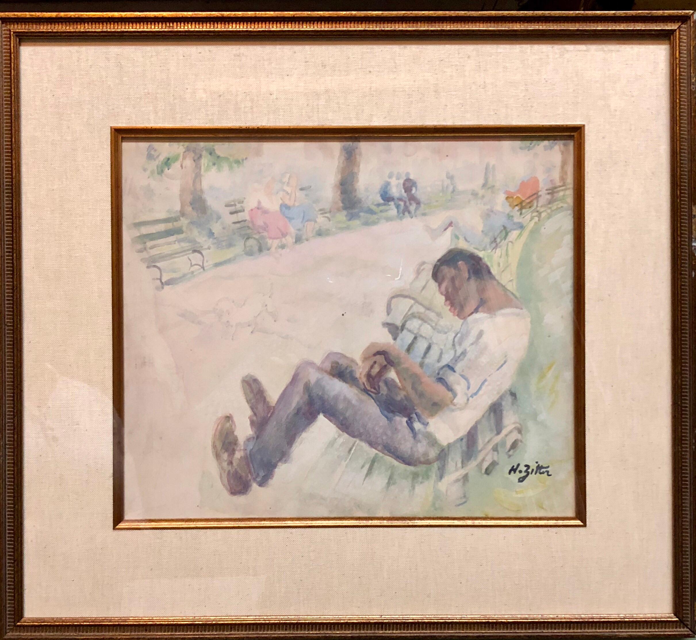 Harry Zitter Figurative Painting - WPA New York Artist Watercolor Painting African American Man Park Bench Scene