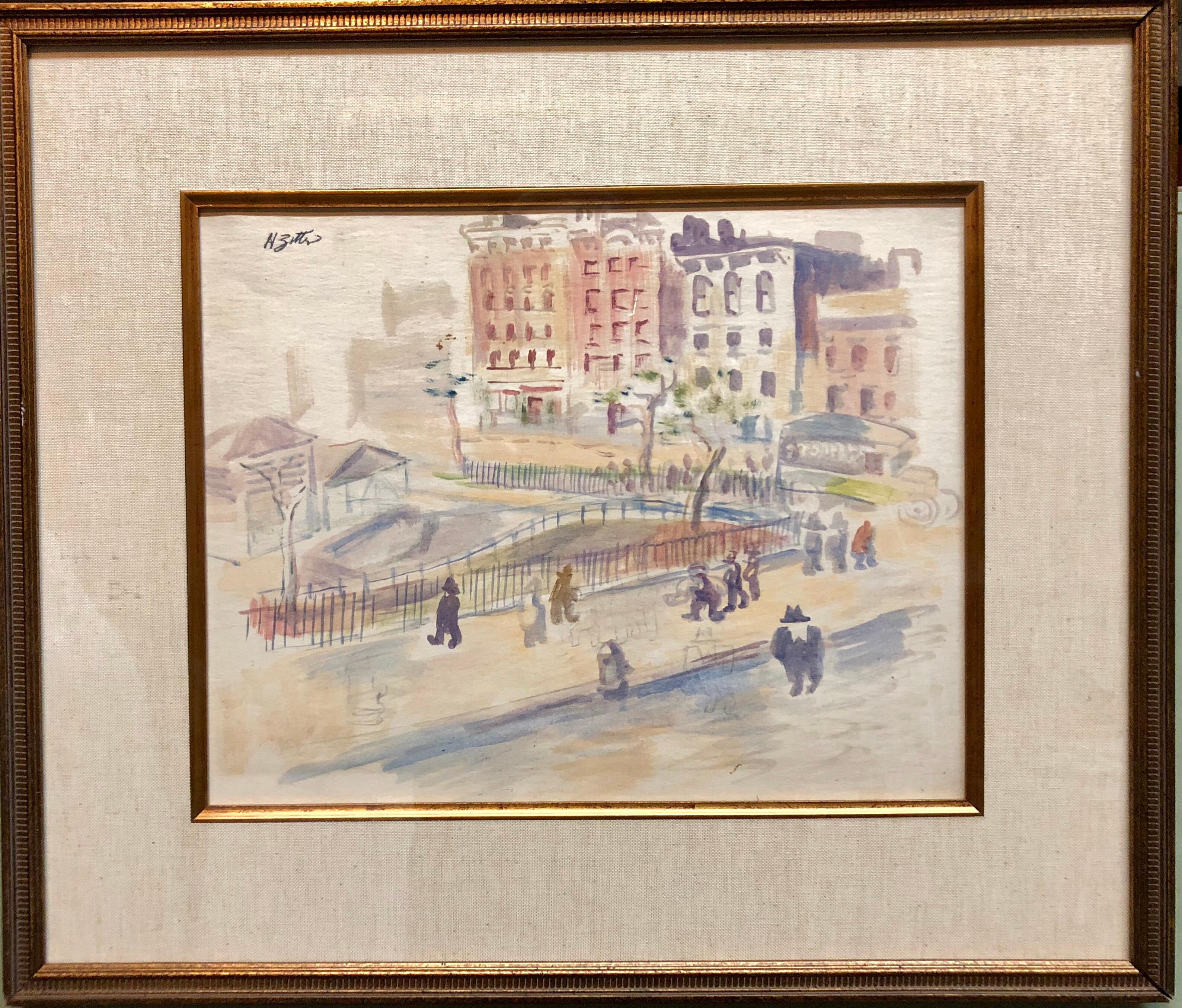 WPA New York Artist Watercolor Painting Manhattan Park Scene - Beige Figurative Painting by Harry Zitter