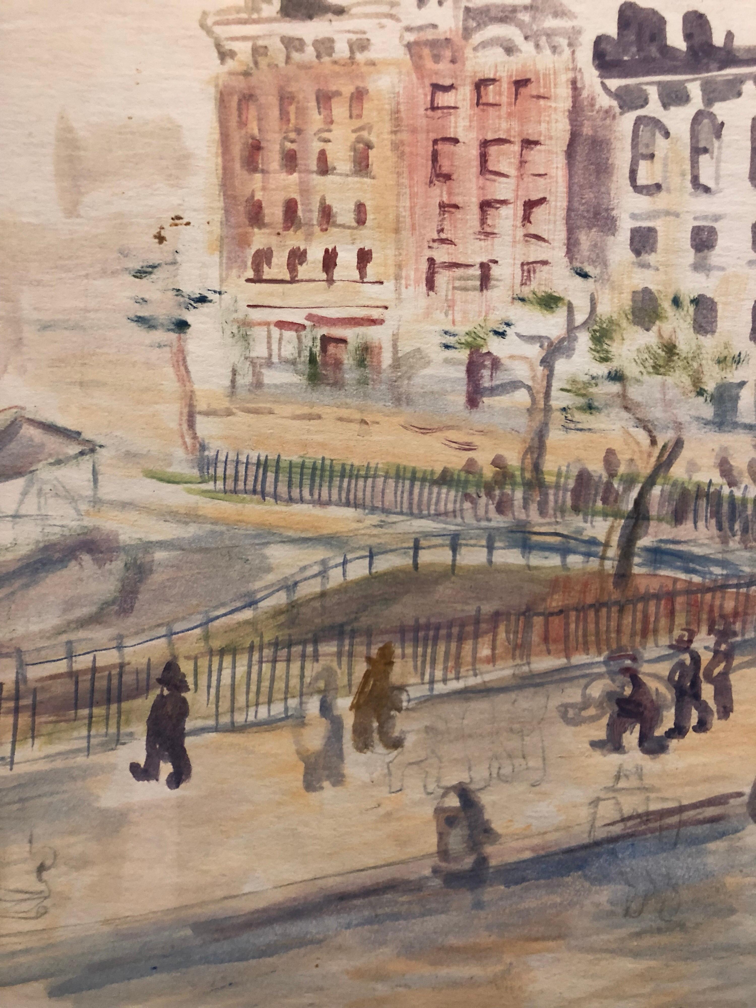 WPA New York Artist Watercolor Painting Manhattan Park Scene 1