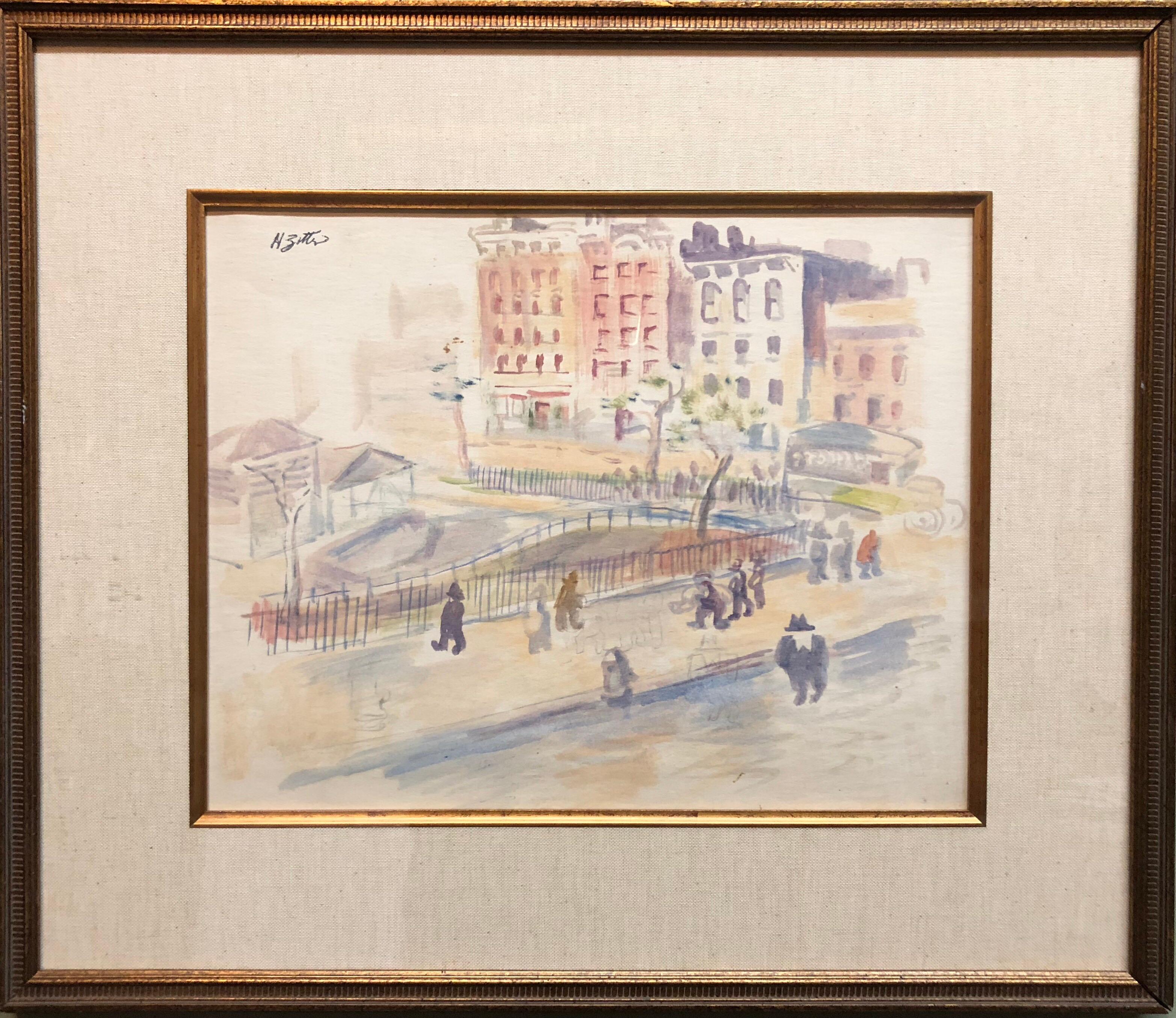 Harry Zitter Figurative Painting – WPA New York Artist Watercolor Painting Manhattan Park Scene