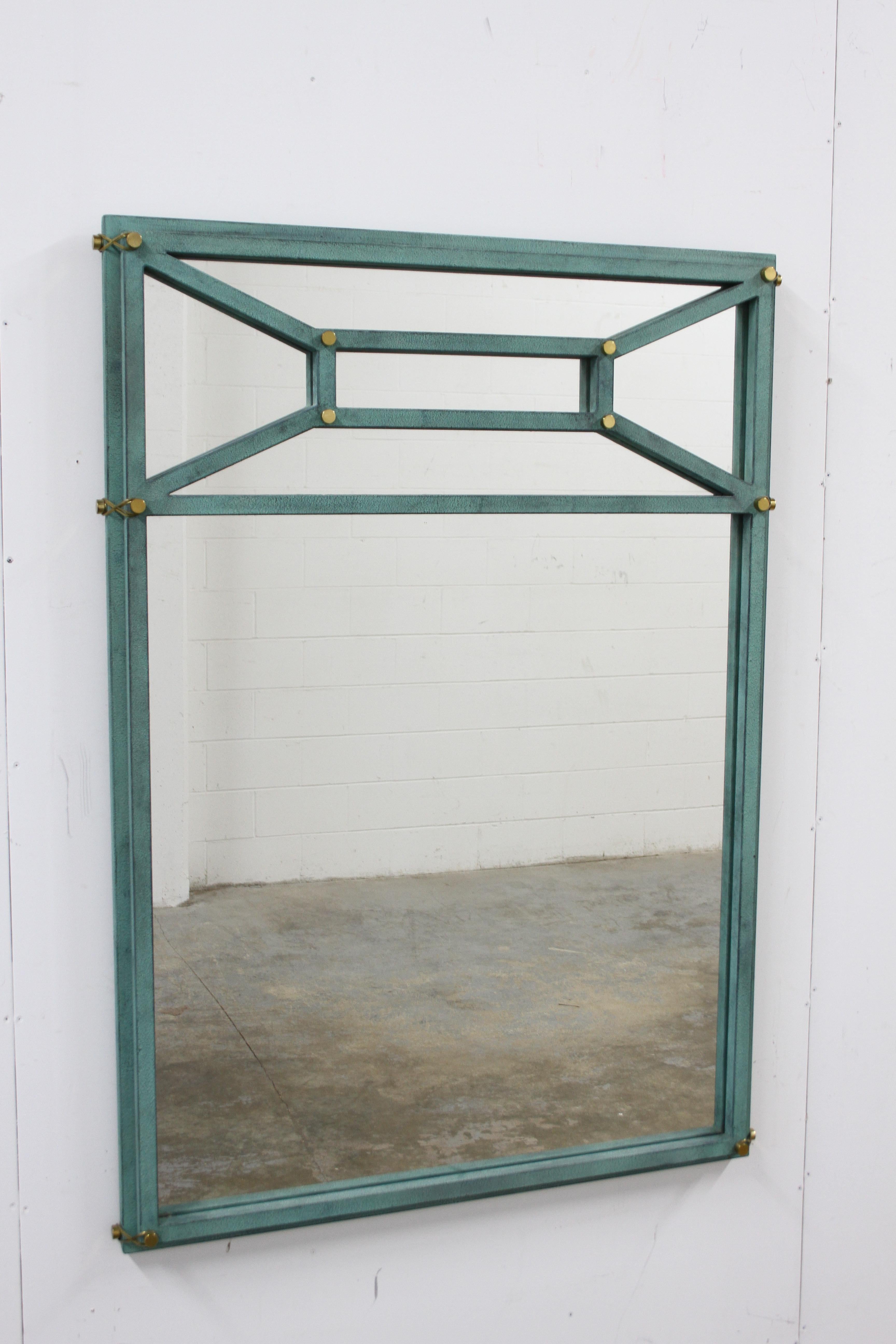 Large Hart Associates post modern Directoire style mirror with teal color paint and brass hardware. Very heavy !!
In fine condition, no issues. Hart Associates, is no longer in business, they made high end lighting and furniture.

 
 
