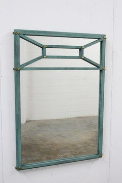 Hart Associates 1980s Post Modern Directoire Style Teal & Brass Wall Mirror