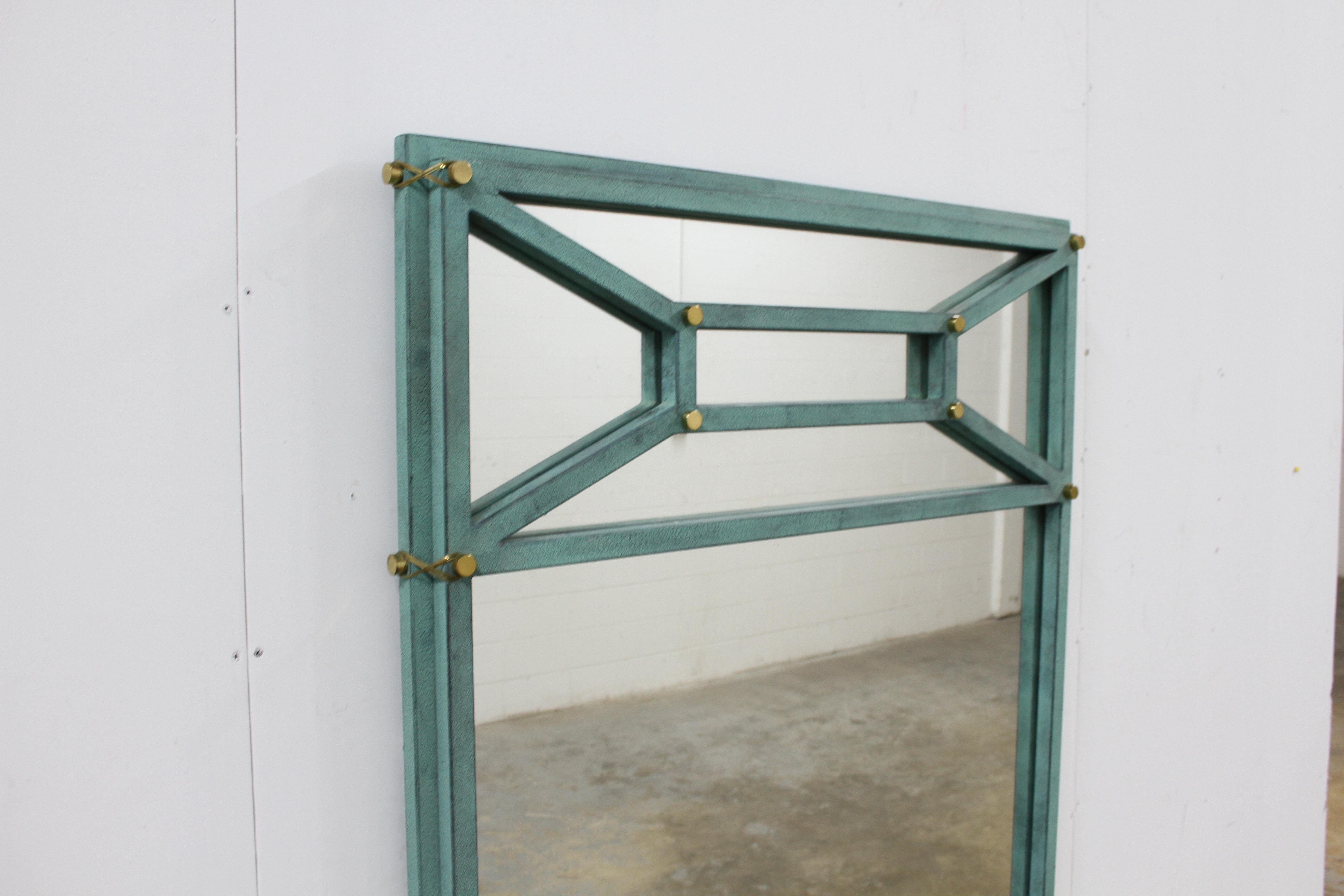 Hollywood Regency Hart Associates 1980s Post Modern Directoire Style Teal & Brass Wall Mirror For Sale