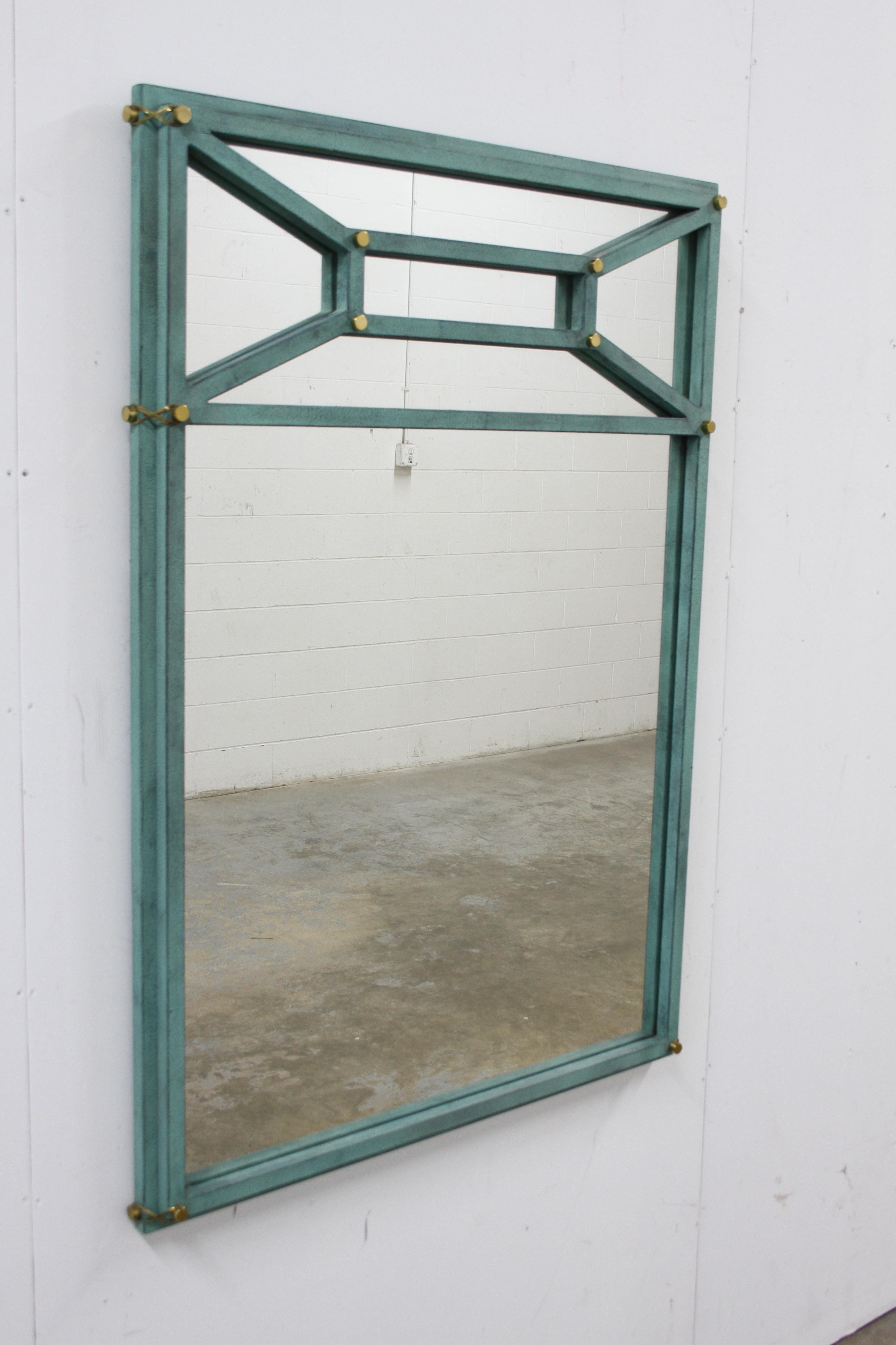 American Hart Associates 1980s Post Modern Directoire Style Teal & Brass Wall Mirror For Sale