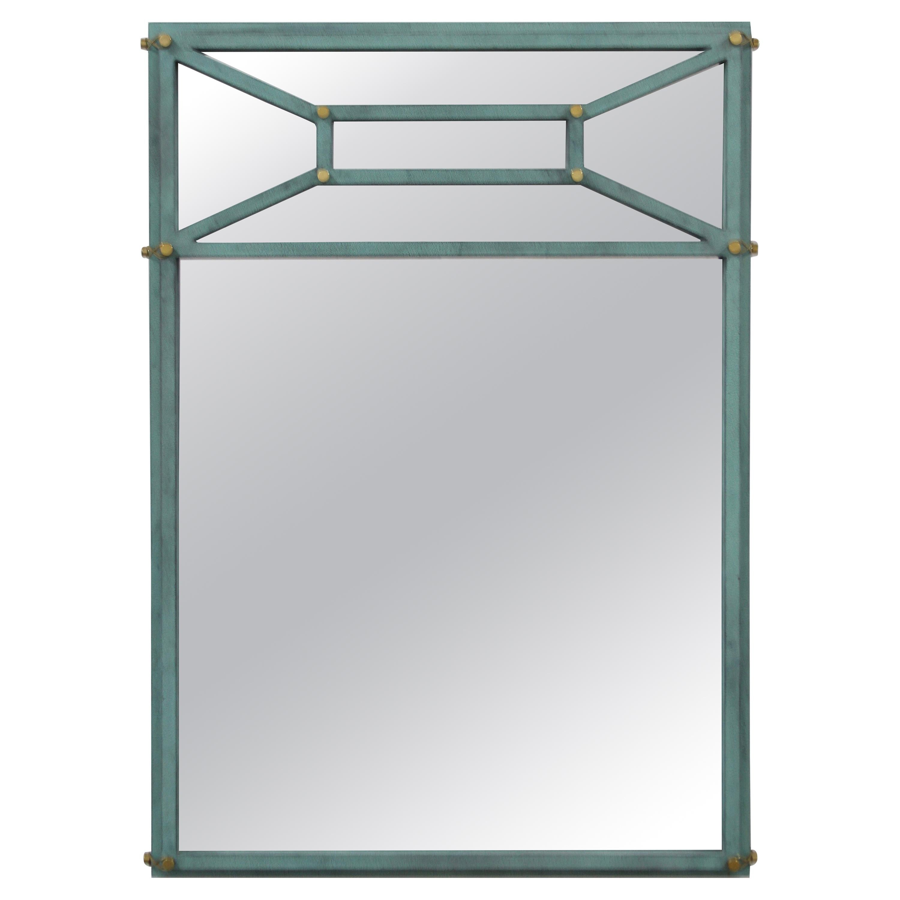 Hart Associates 1980s Post Modern Directoire Style Teal & Brass Wall Mirror For Sale