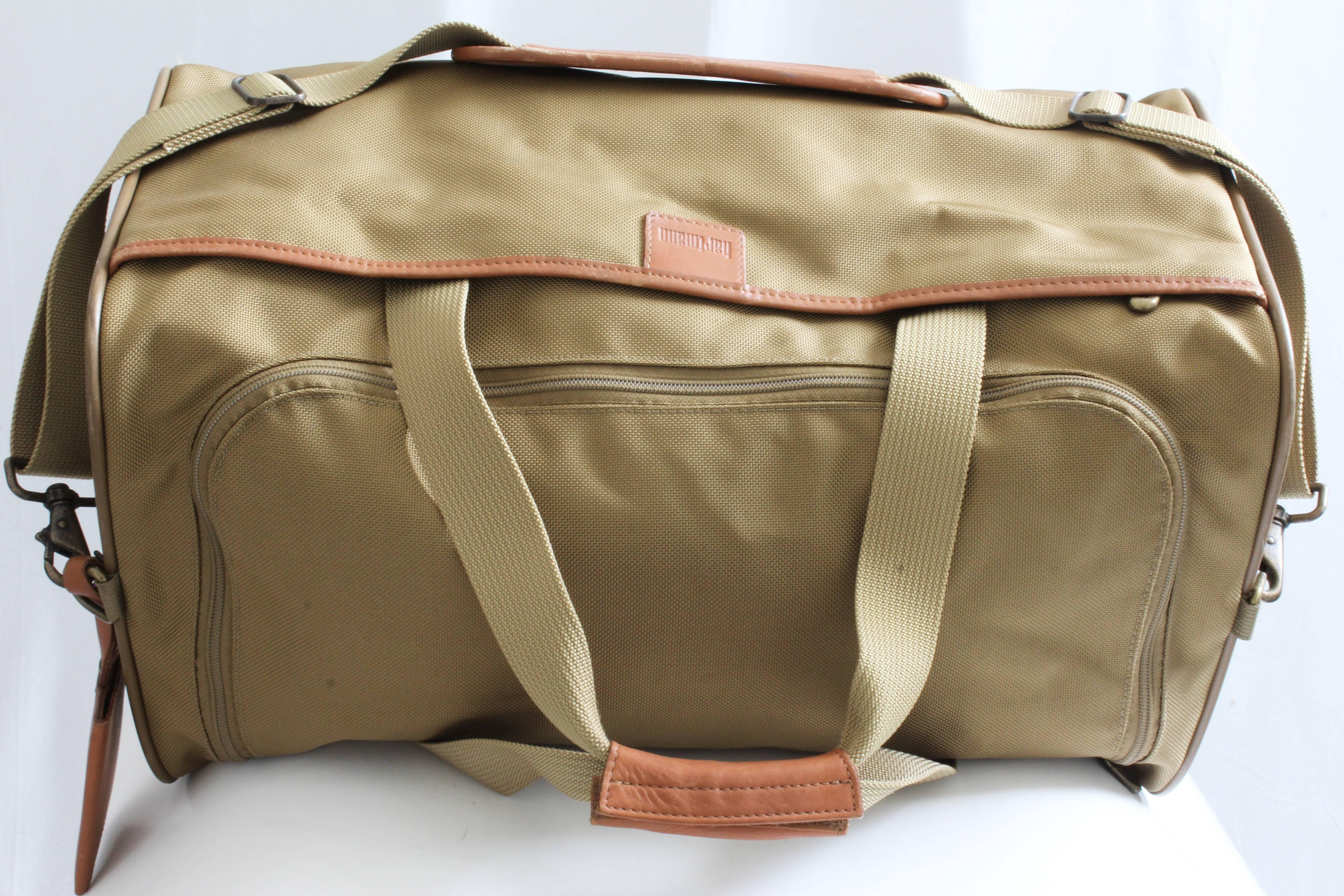 Brown Hartmann 20in Duffel Bag Nylon Canvas Leather Travel Bag + Shoulder Strap