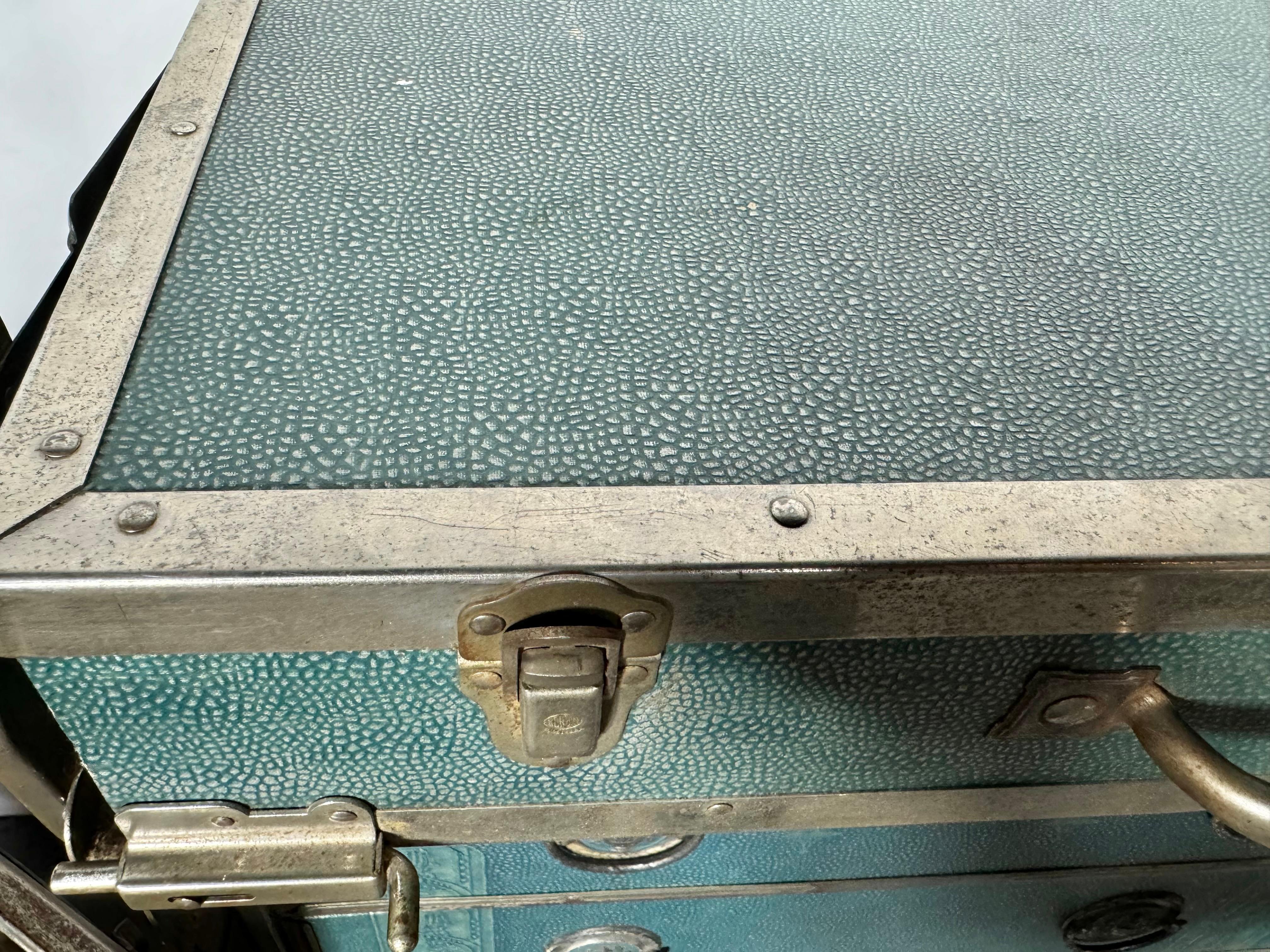 Laiton Hartmann Cushion Top Wardrobe Trunk Deco Design, Circa 1920's RARE BLUE COLOR