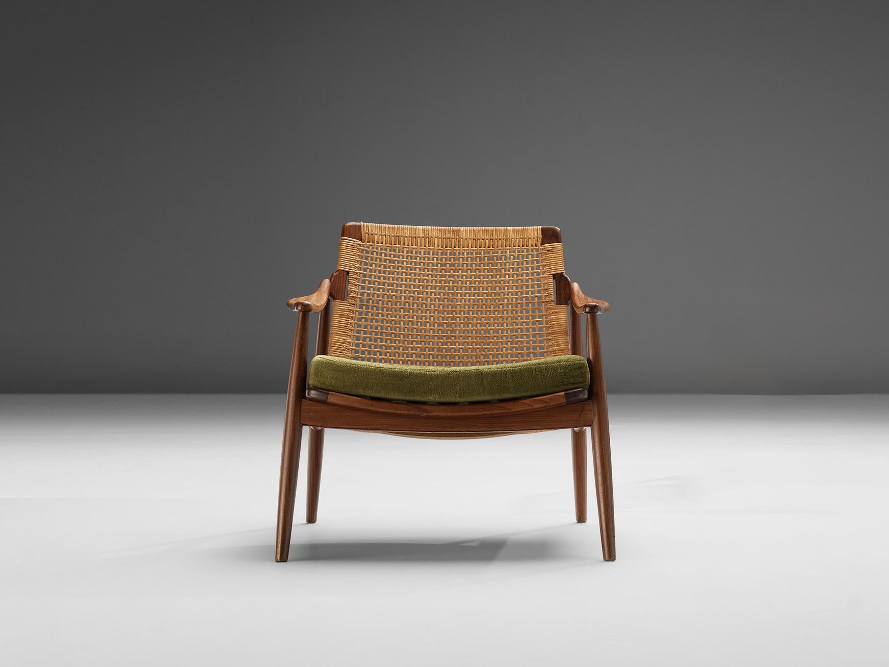 Fabric Hartmut Lohmeyer for Wilkhahn Lounge Chair in Teak and Cane 