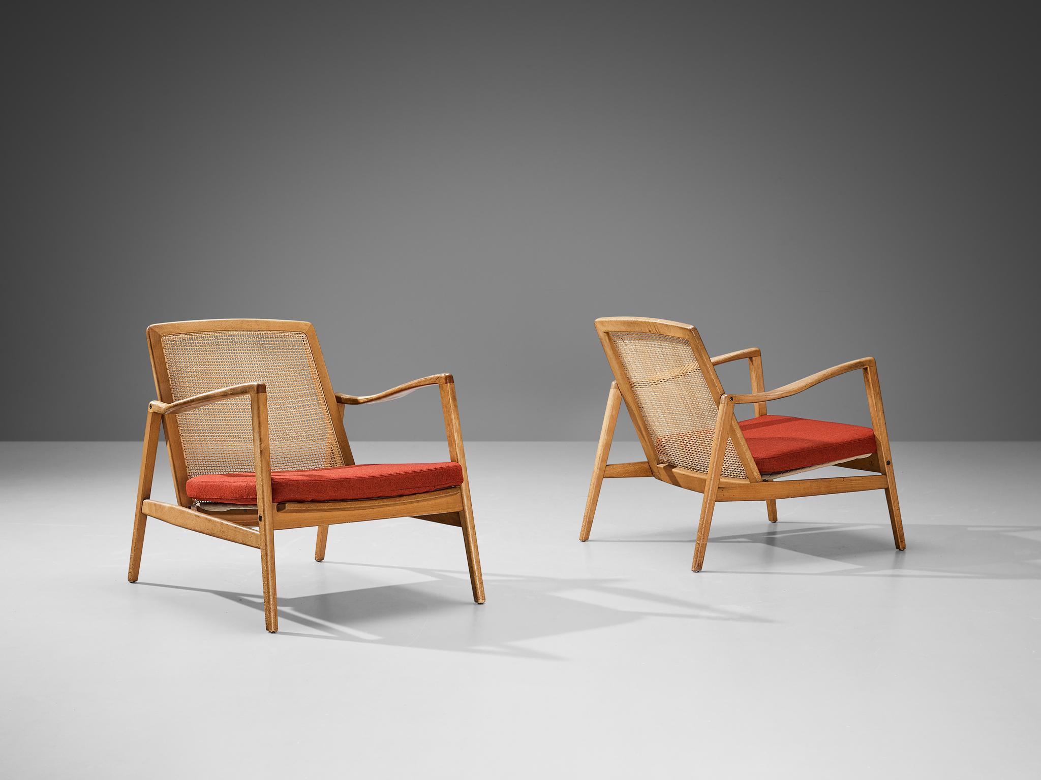 Fabric Hartmut Lohmeyer for Wilkhahn Pair of Lounge Chairs in Cane and Walnut  For Sale