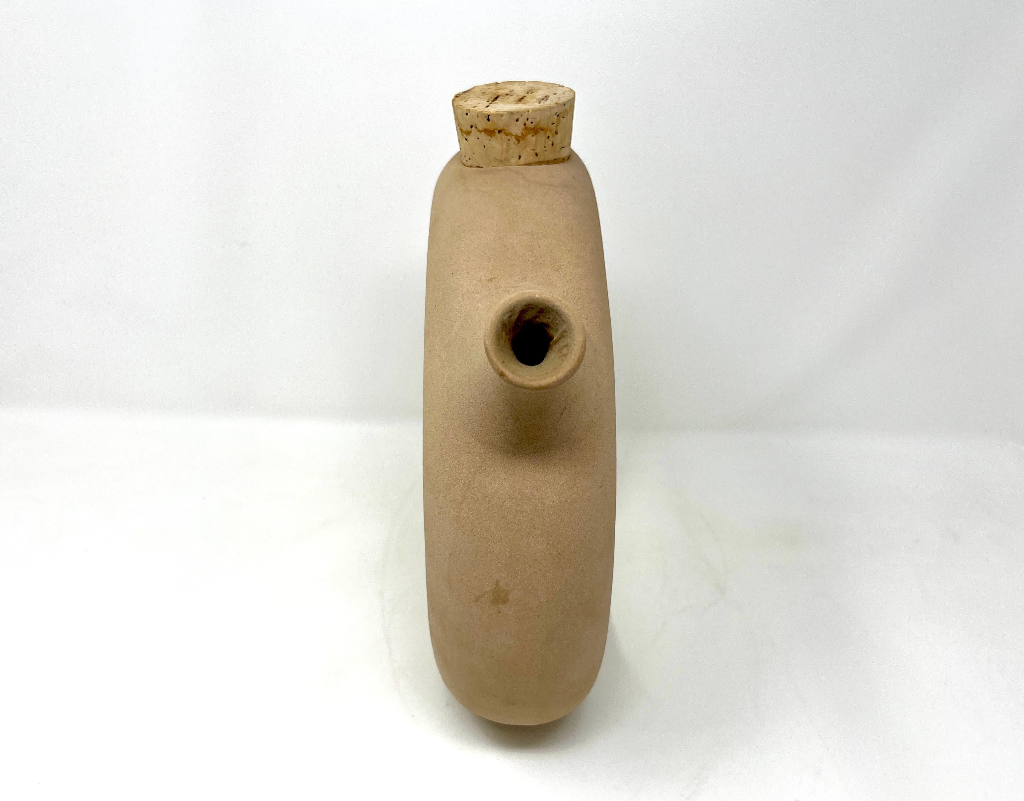 Hand-Crafted Hartstone Signed Circular Donut Shape Pottery Pitcher Wine Jug For Sale