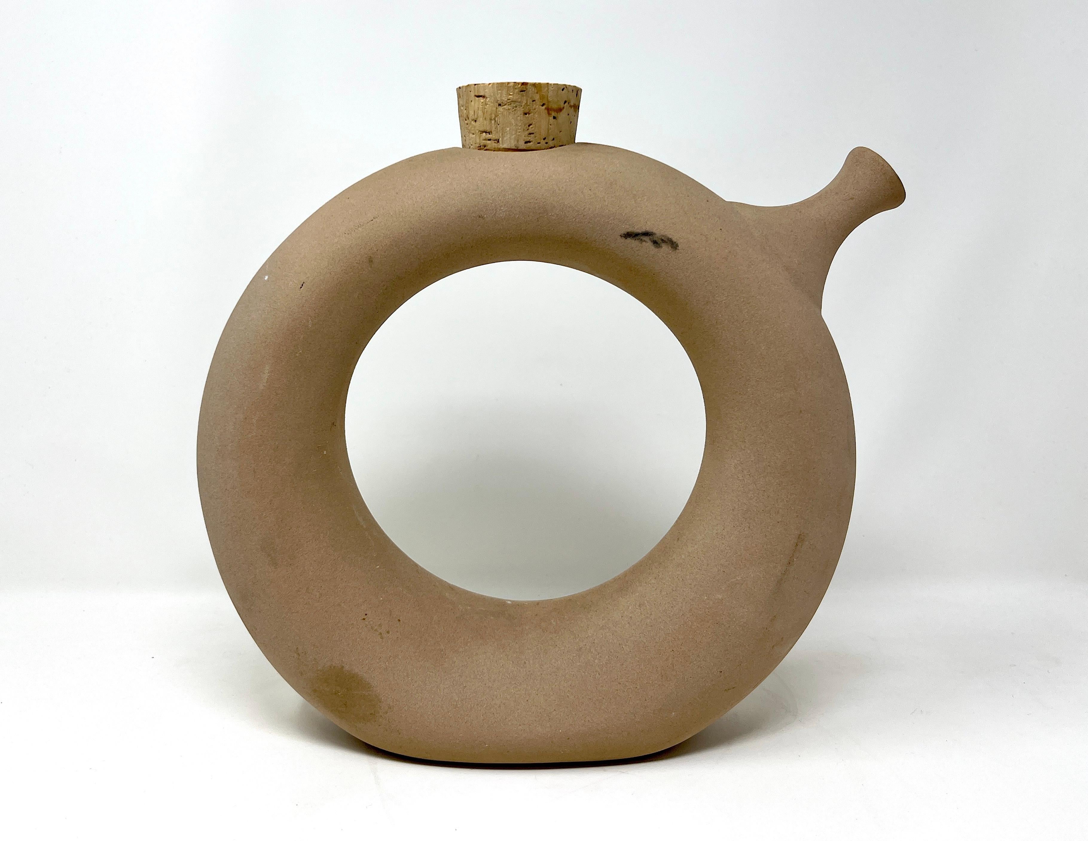 Hartstone Signed Circular Donut Shape Pottery Pitcher Wine Jug For Sale 1