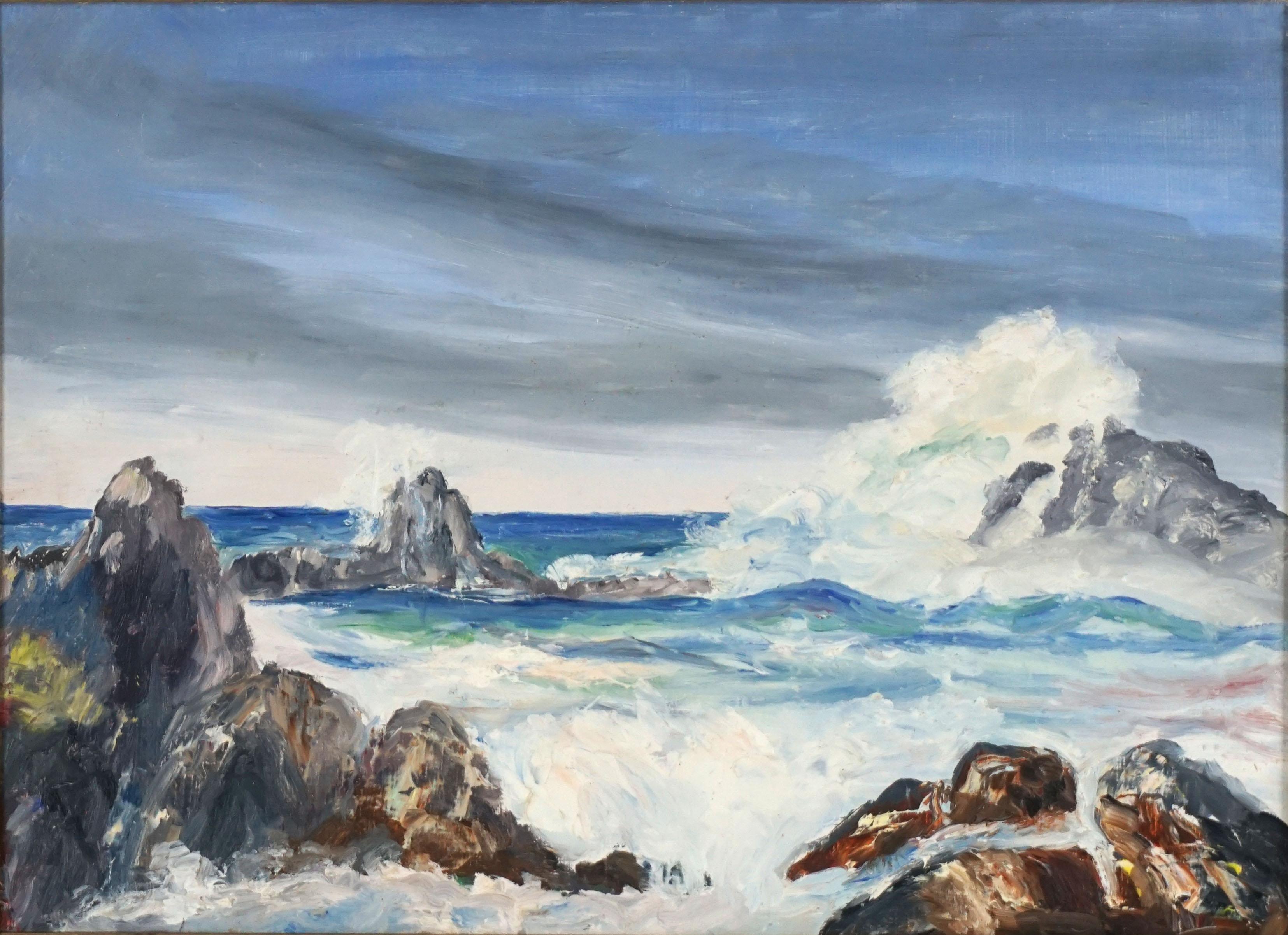 Mid Century Original Big Sur Seascape Oil Painting

Gorgeous mid century Big Sur seascape oil painting by California artist Hartzell Harrison Ray (American, 1896-1991). Blue and aqua hues of the waves crashing on rocks of Big sur are enhanced with