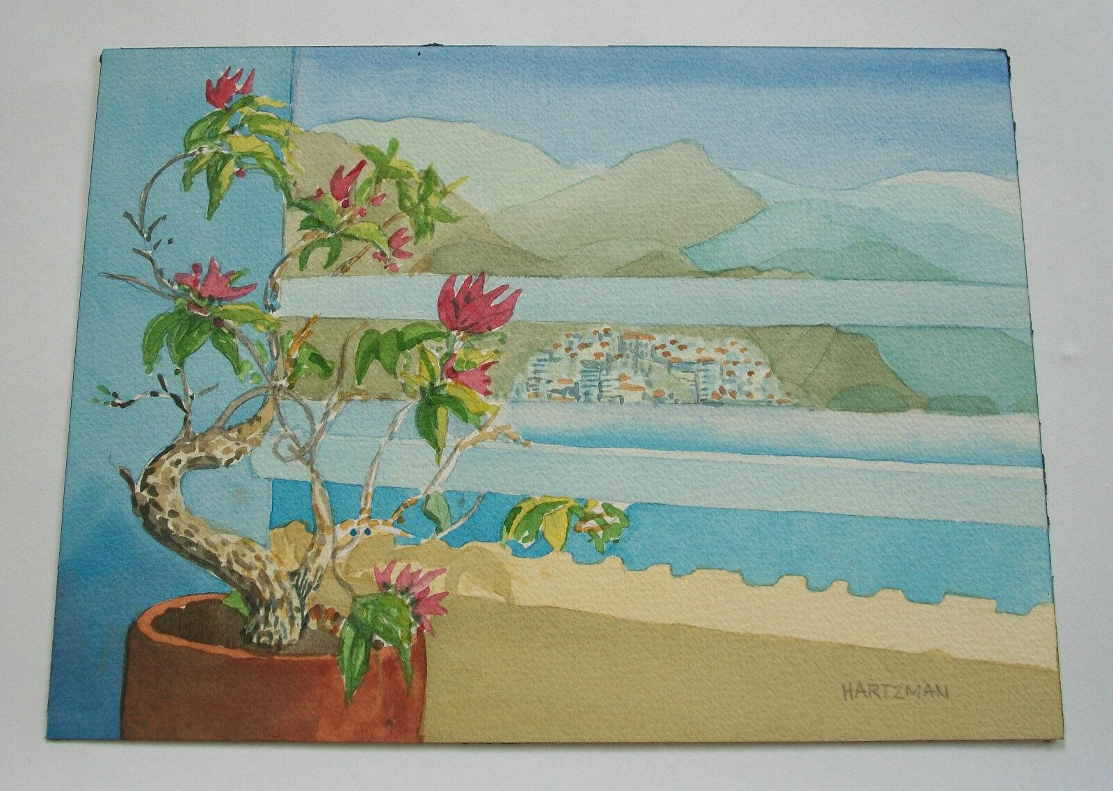 HARTZMAN - Art Deco Style Watercolor Painting on Paper - Unframed - Mid 20th C. In Good Condition For Sale In Chatham, ON