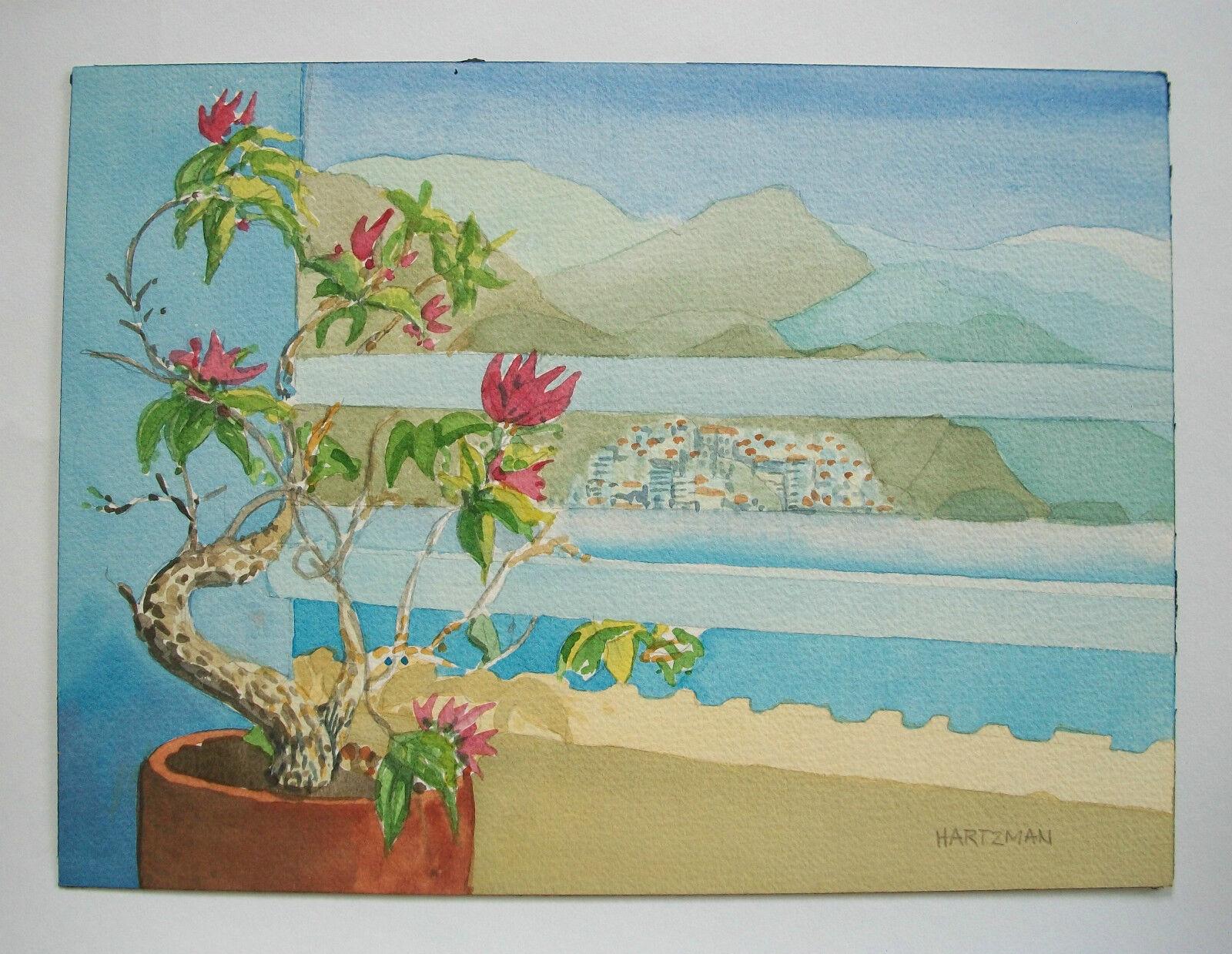 20th Century HARTZMAN - Art Deco Style Watercolor Painting on Paper - Unframed - Mid 20th C. For Sale