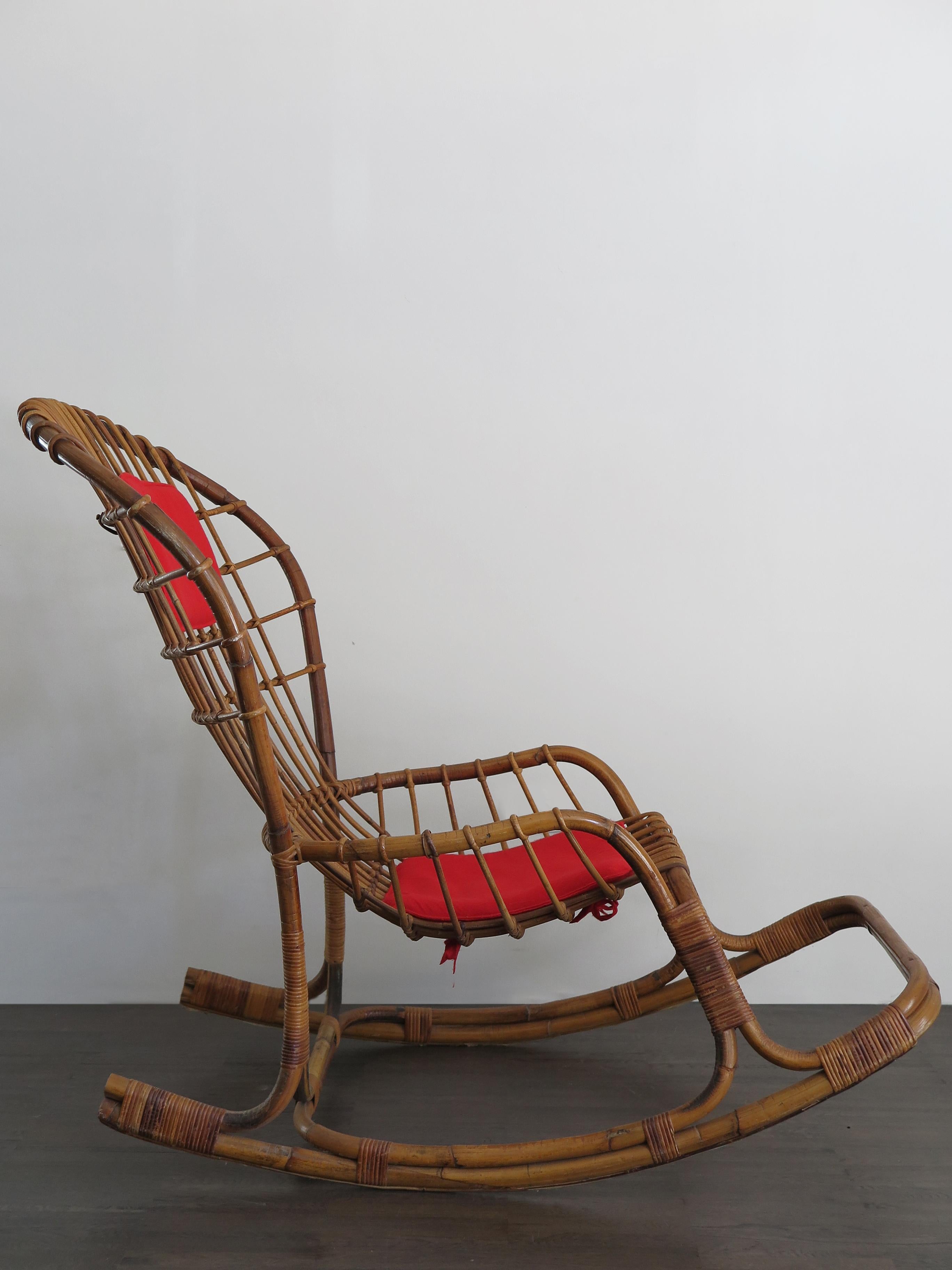 Italian Mid-Century Modern design rocking chair model ‘BP 12’ designed by Haruki Miyagima and manufactured by Pierantonio Bonacina with frame in rattan, rush, and fabric upholstered cushions, 1960s.
Literature:
Pierantonio Bonacina 1960s catalog,