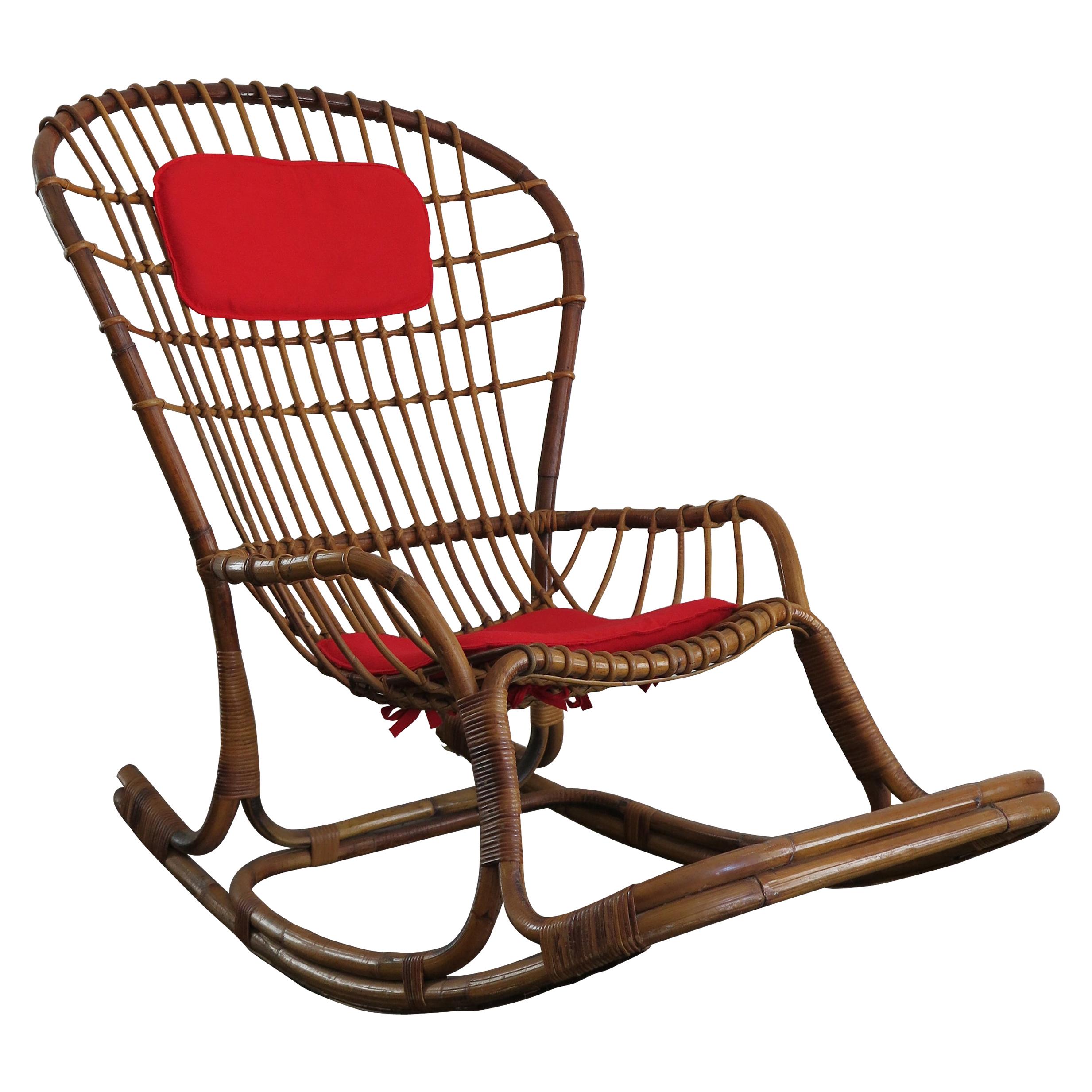 Haruki Miyagima for Bonacina Italian Midcentuty Rattan Rocking Chair, 1960s For Sale