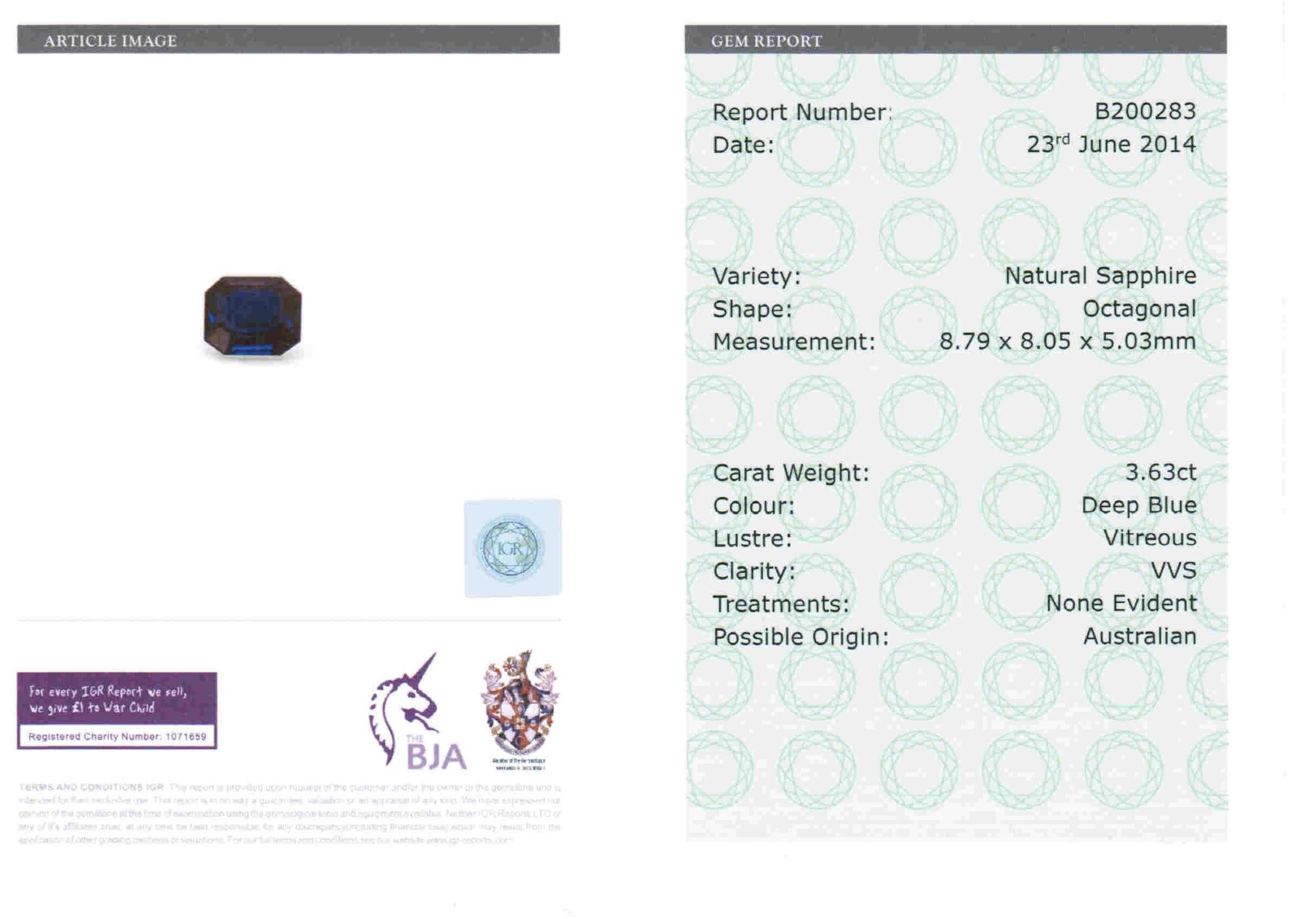 Women's or Men's Certified 3.63 Carats No Heat Emerald Cut Sapphire Diamond Art Deco Style Ring For Sale