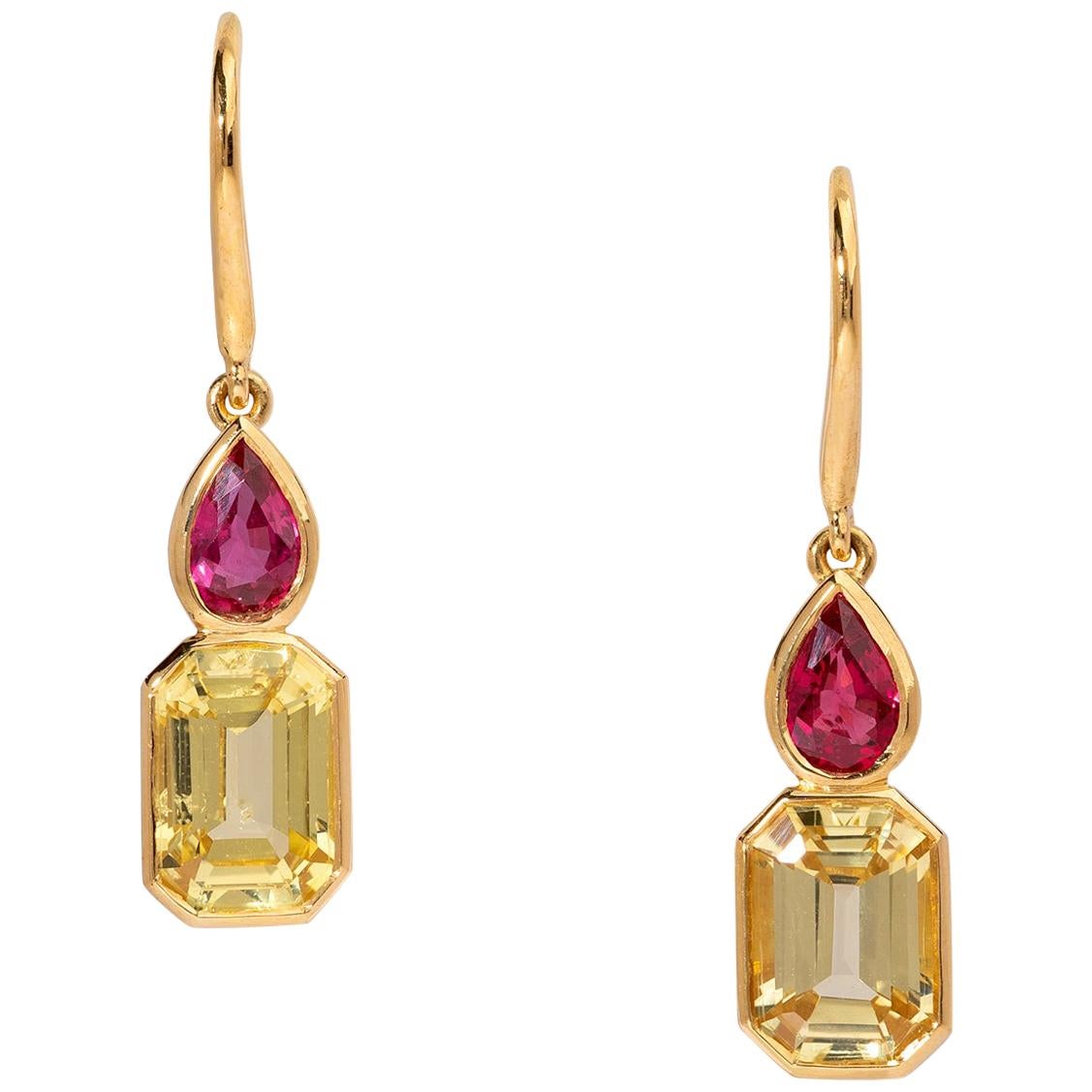 Pear Shape Ruby and Yellow Emerald Cut Sapphire Drop Earrings For Sale