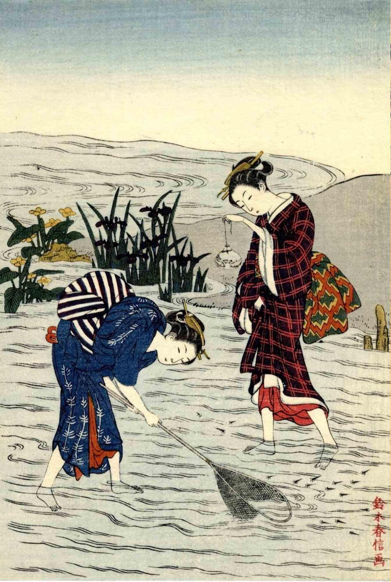 Two women fishing is an original modern artwork realized by Harunobu Hishikawa in the Late 19th Century.

Very good reprint, glued at upper corners.

Passepartout.

Woodcut Print Oban Format.
