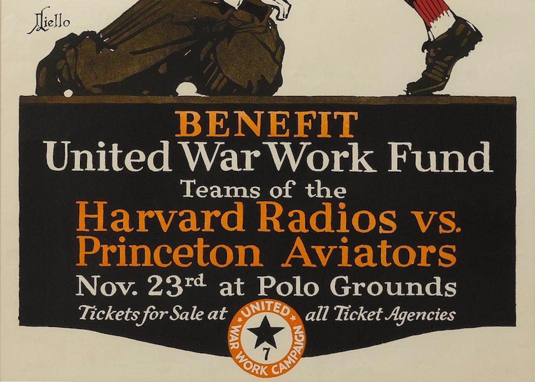 This is a very scarce WWI Work Relief Fund poster featuring the Harvard Radios competing against the Princeton Aviators. The game, held on November 23, 1918, was a benefit football game to raise money for the war effort.

The poster dynamically