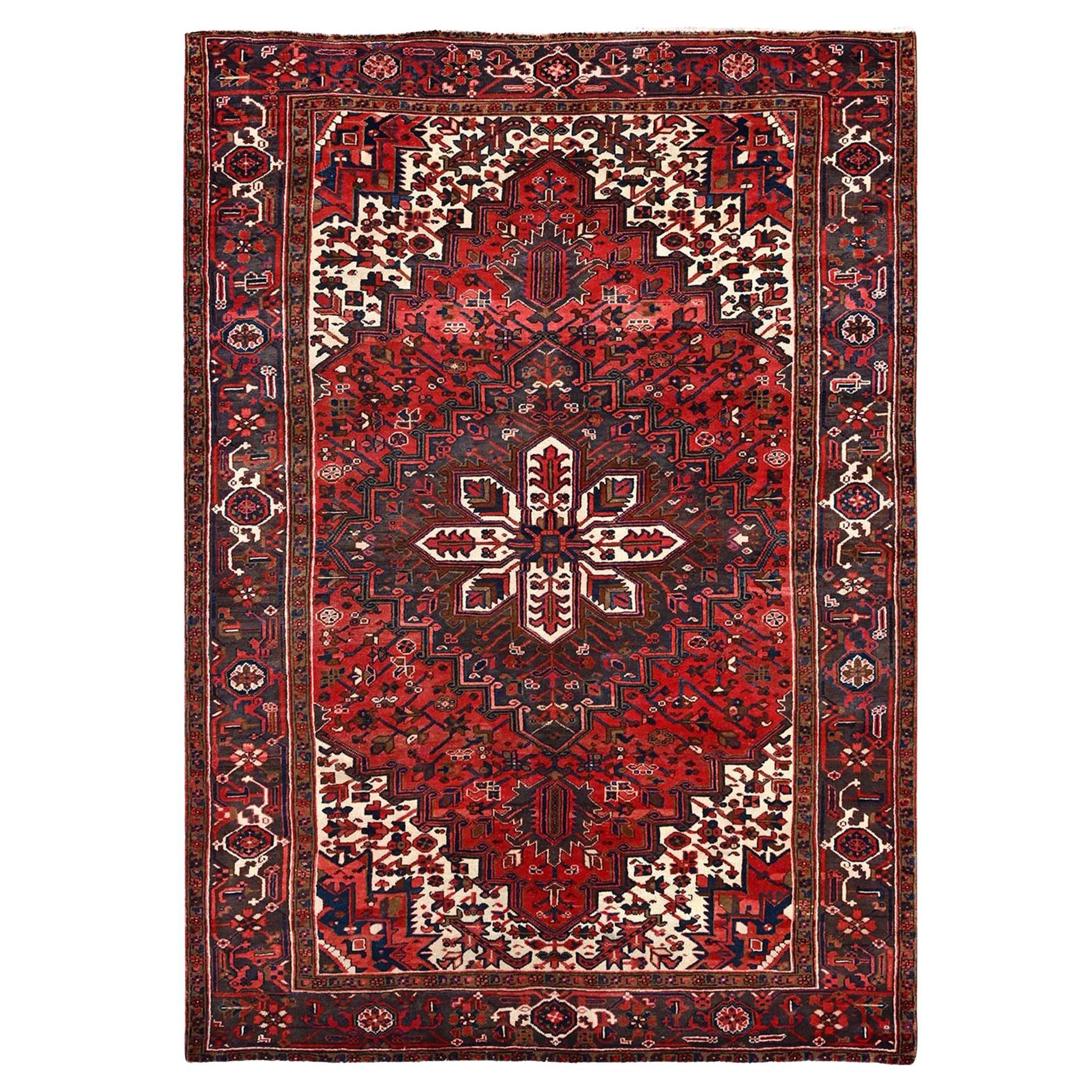 Harvest Apple Red Abrash Pure Wool Hand Knotted Vintage Persian Heriz Clean Rug For Sale