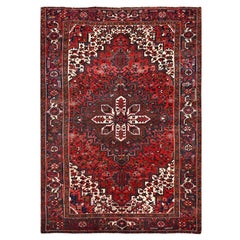 Harvest Apple Red Abrash Pure Wool Hand Knotted Vintage Persian Heriz Clean Rug