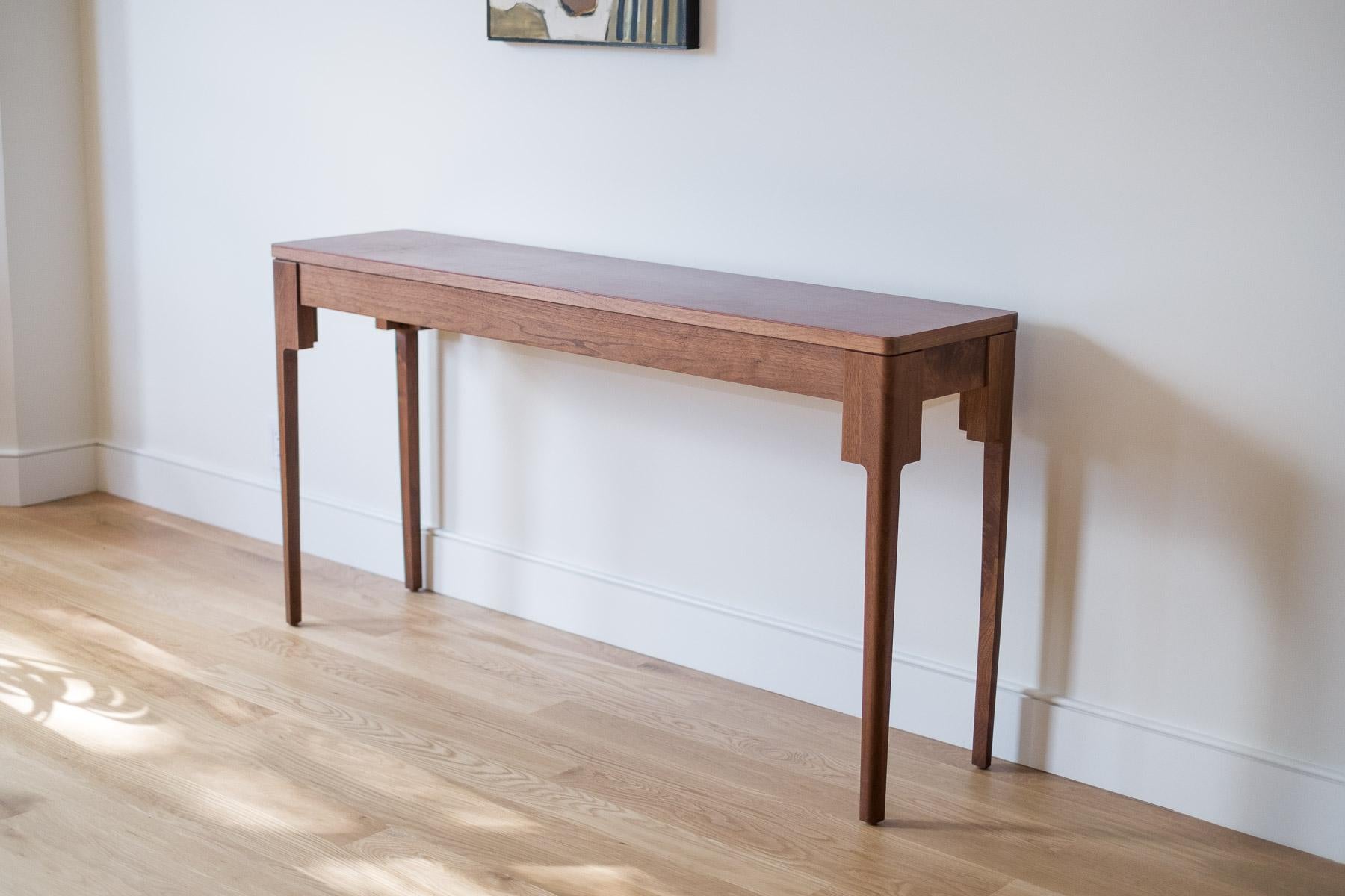 Modern Harvest Console Table in Walnut and Brown Leather For Sale