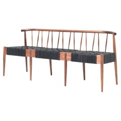 Harvest Settee, Modern Solid Wood and Woven Leather Seat Bench