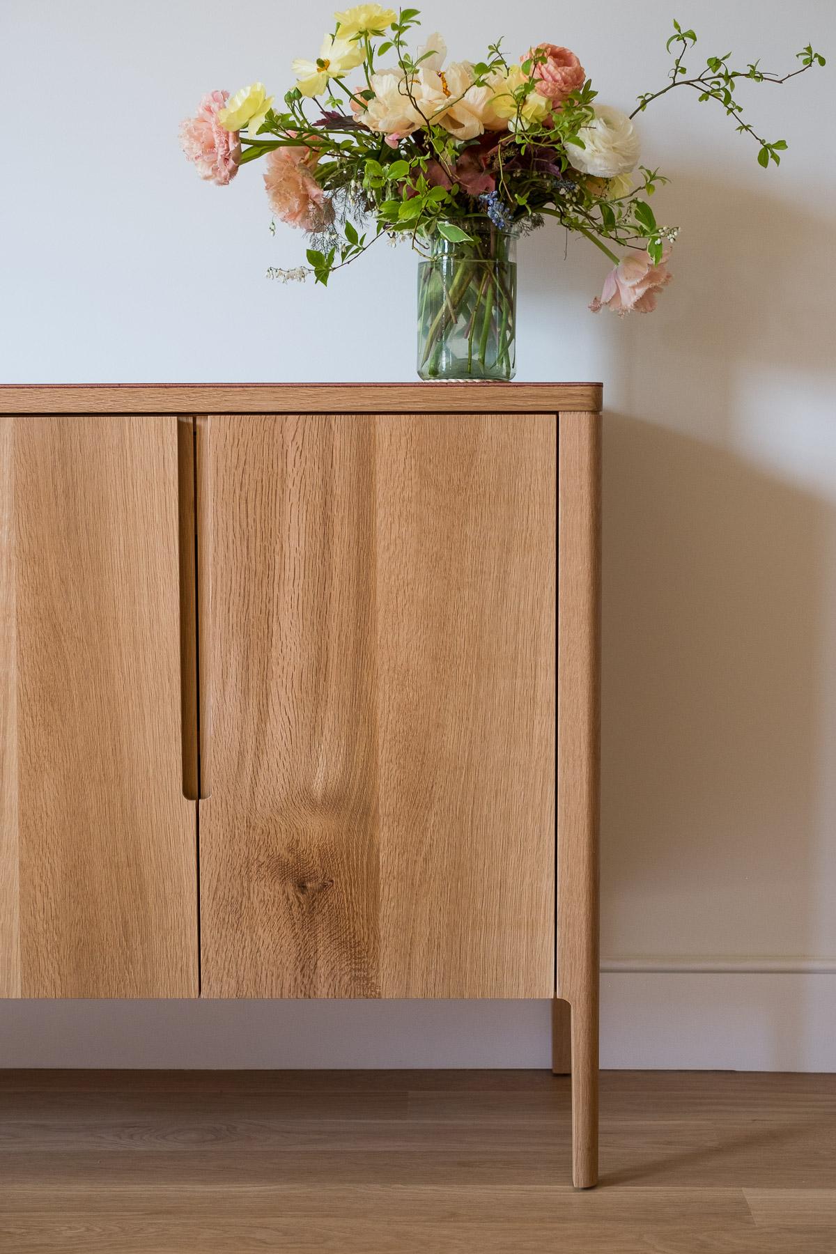 Modern Harvest Sideboard in White Oak and Burgundy Leather For Sale