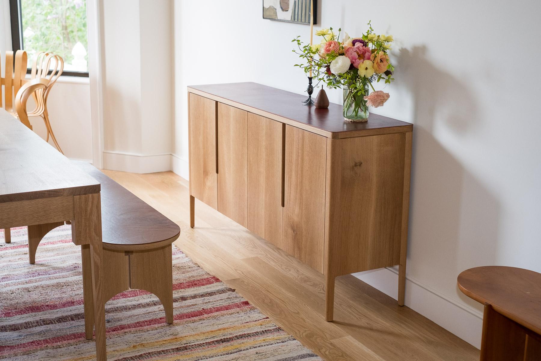 American Harvest Sideboard in White Oak and Burgundy Leather For Sale