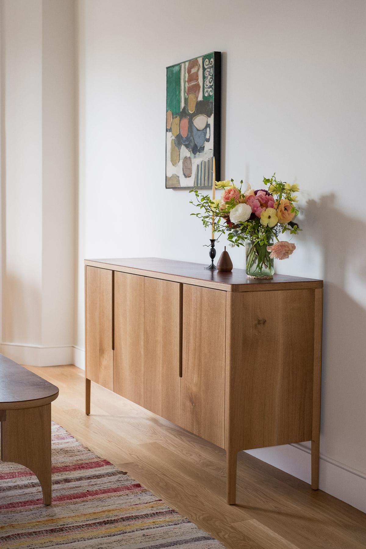 Harvest Sideboard in White Oak and Burgundy Leather In New Condition For Sale In Brooklyn, NY